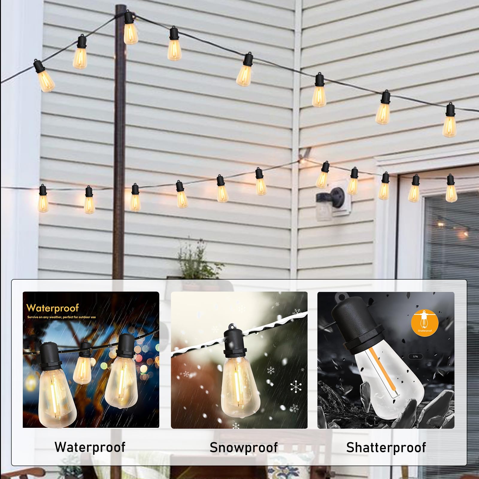 Konictom 25Ft Led Outdoor String Lights, 13 Warm White Shatterproof Bulbs For Patio & Garden Decor