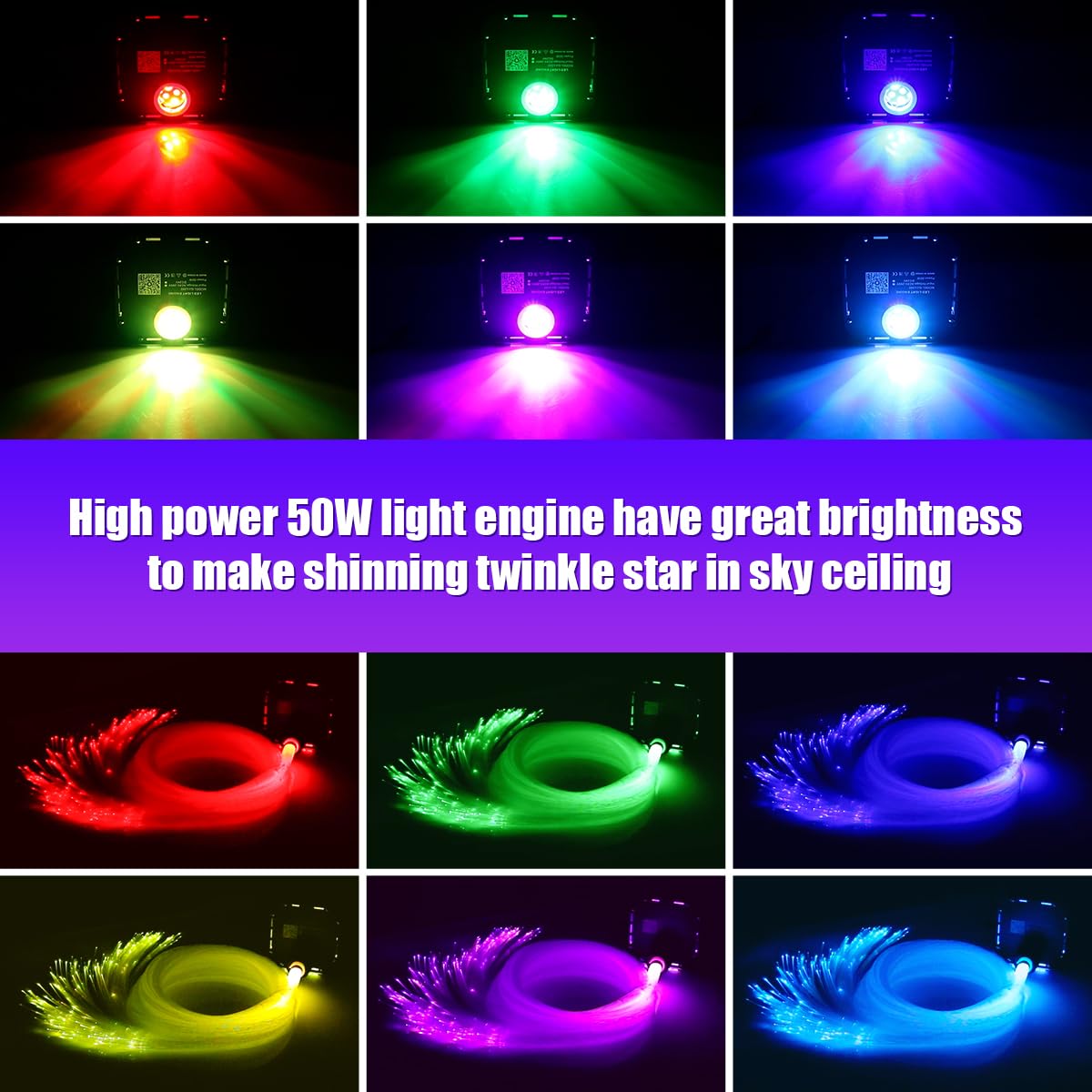 AZIMOM 50W Fiber Optic Starlight Kits, 1000pcs 0.03in 13.1ft, Sound Activated, Bluetooth/APP Control, Black, Model Q