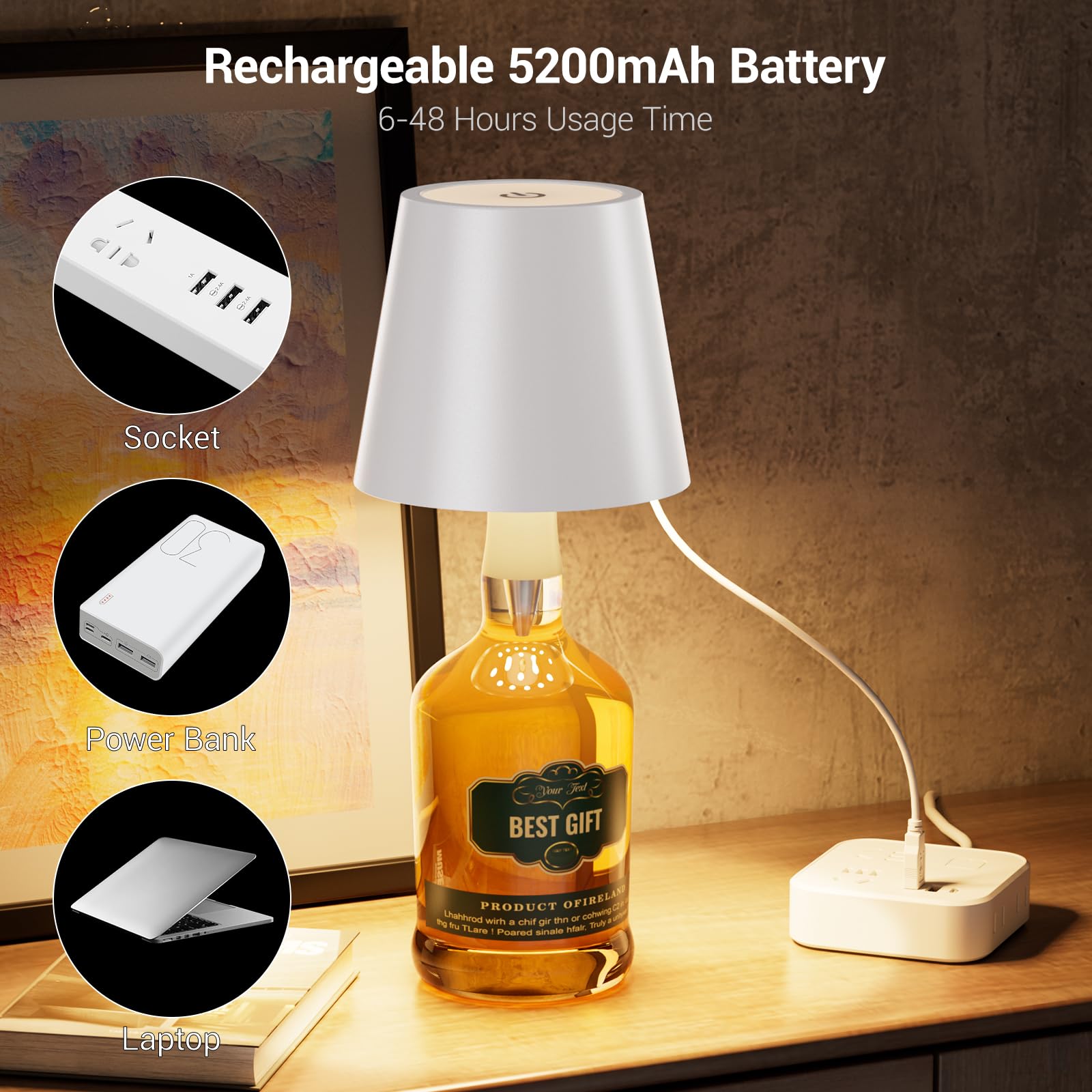 Wireless Bottle Lamp Shade With 3 Color Temperatures - Rechargeable, Stepless Dim Led Wine Bottle Lights, Desk Light For Bedroom
