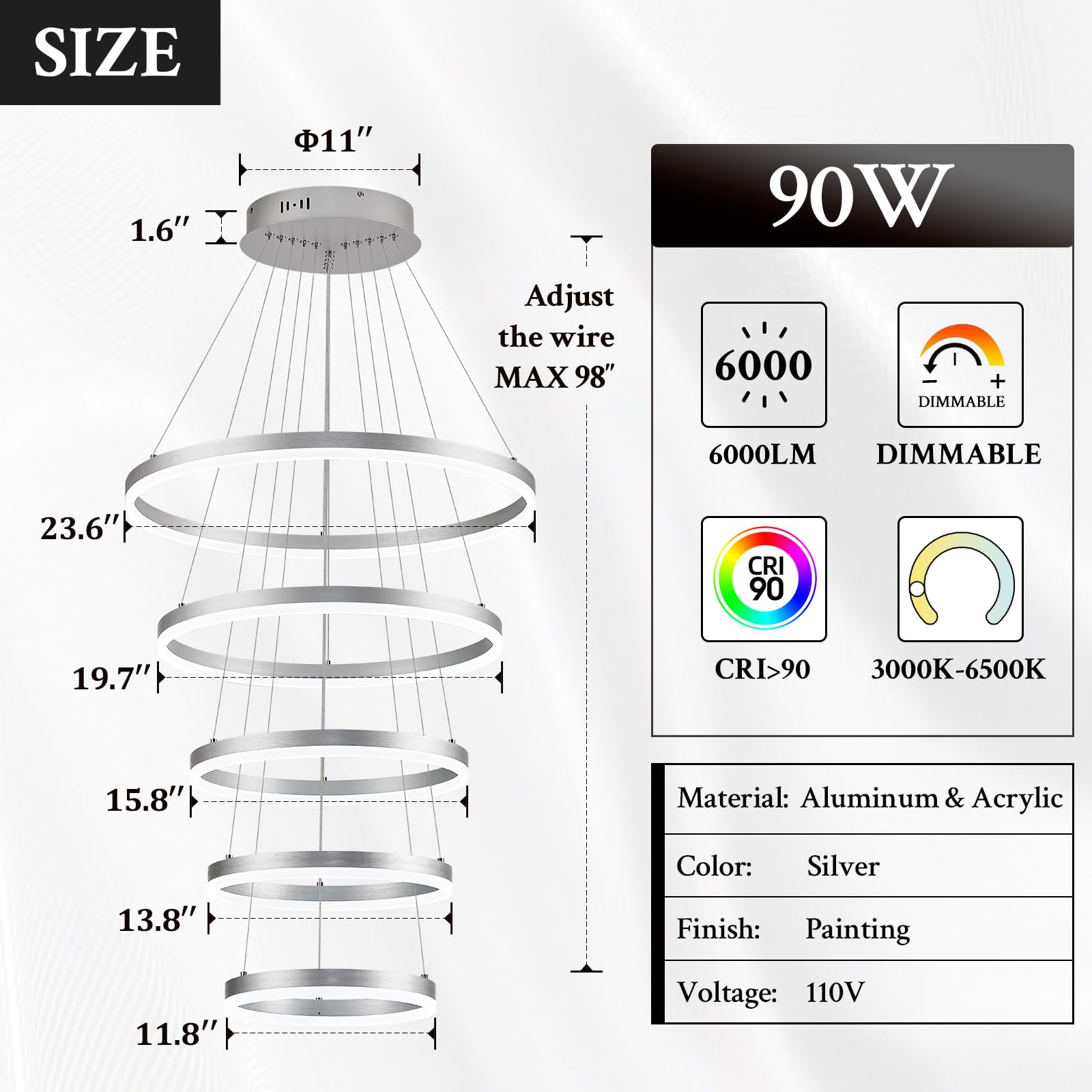 Sparklelf LED Chandelier, Dimmable Silver, 5 Rings 23.6in, Remote Control, Modern Design for Foyer, Dining Room, Living Room, Model SE-P60S