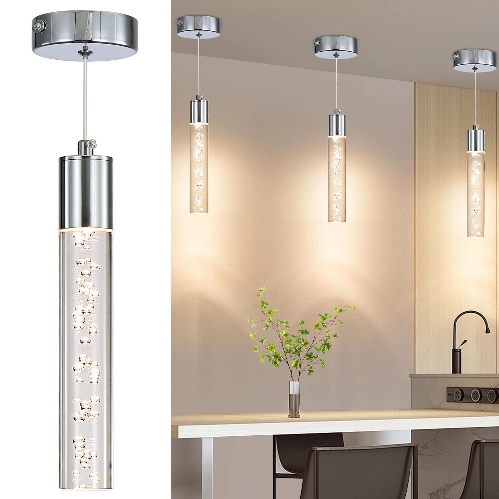 Modern Led Pendant Light  Chrome Bubble Hanging Ceiling Lighting Fixture  3 Color 2700K/4500K/6500K  Small Kitchen Island Chandelier Over Table For Dining Room  Living Room  Entrance  Bar  Cafe