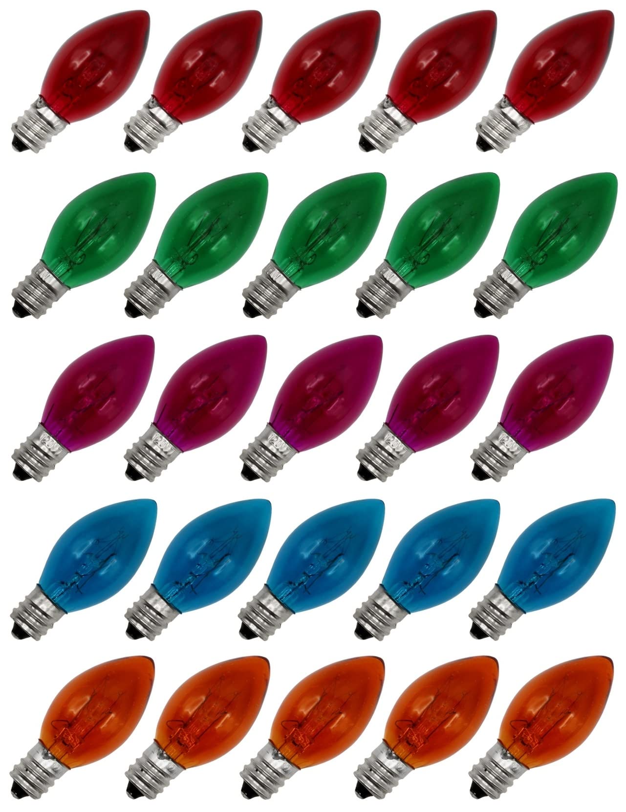Creative Hobbies 25 Pack C7 Transparent Multicolor Christmas Light Bulbs - 7W Steady Burning Incandescent  Nickel Plated Candelabra Base  Extended Life