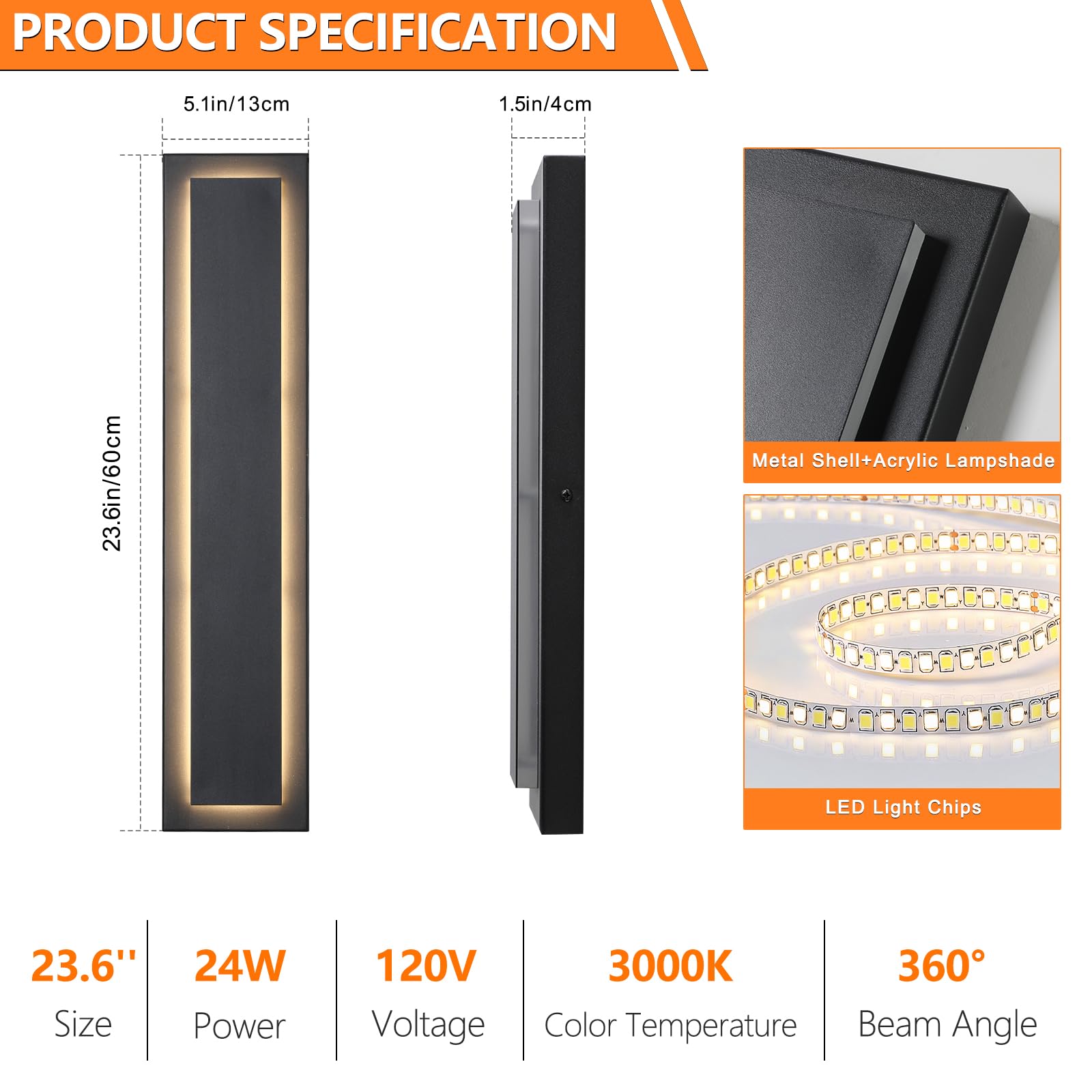 tewei Modern Outdoor Wall Sconce, Black LED Exterior Lighting, 60cm, Warm White 3000K, 2 Pack, Model BWL-602P