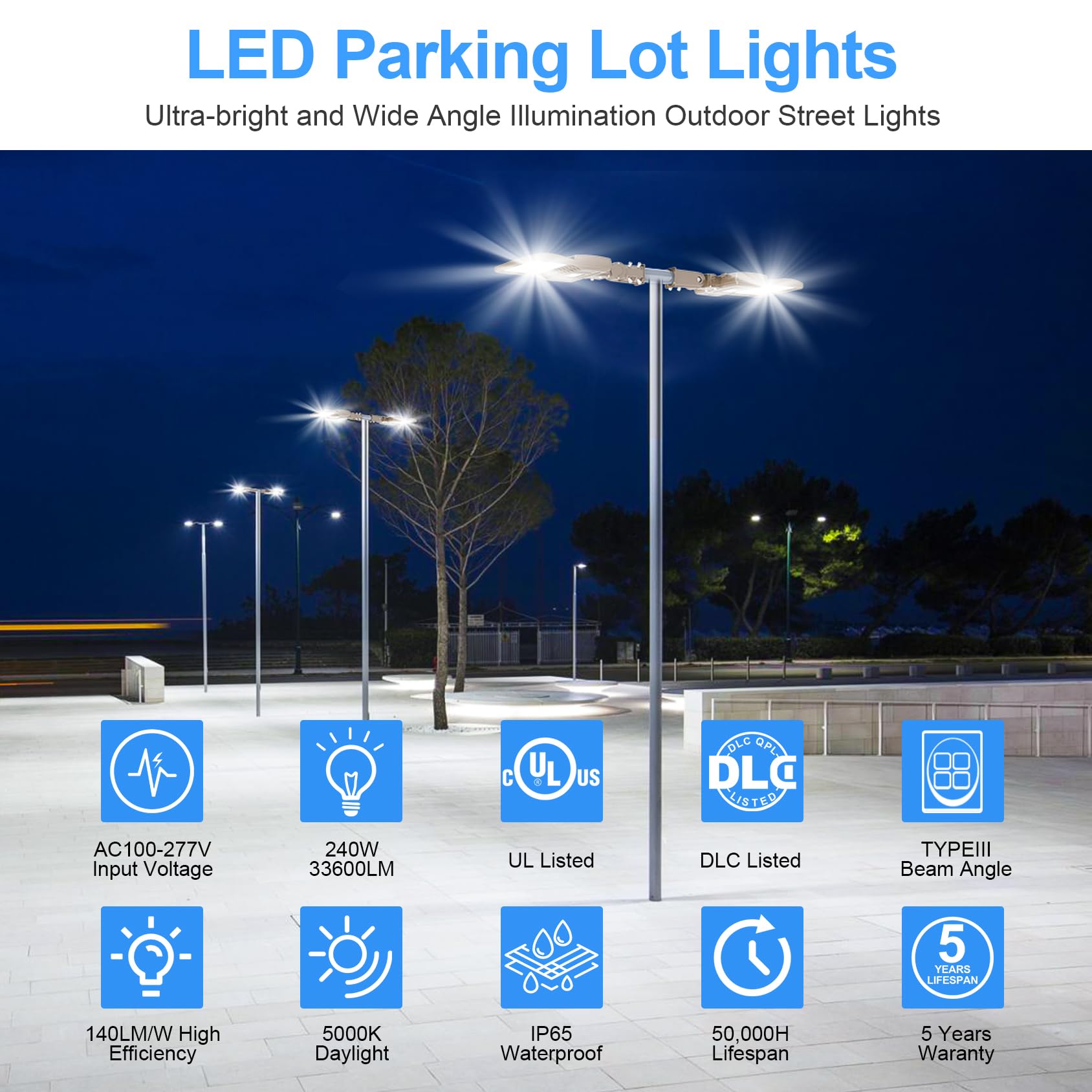 Yellore Led Parking Lot Lights 240W 33600Lm Led Shoebox Pole Lights Fixture (800W Hid/Hps Replacement) 5000K Ip65 Ac100-277V Ul