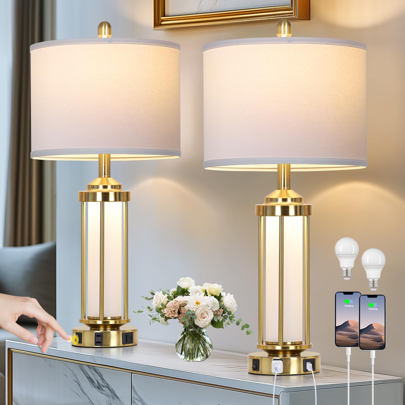 Rinweey Modern Table Lamps, Gold 27'' Industrial Table Lamp Set of 2 with USB A+C Charging Ports & AC Outlet, Farmhouse Rustic B