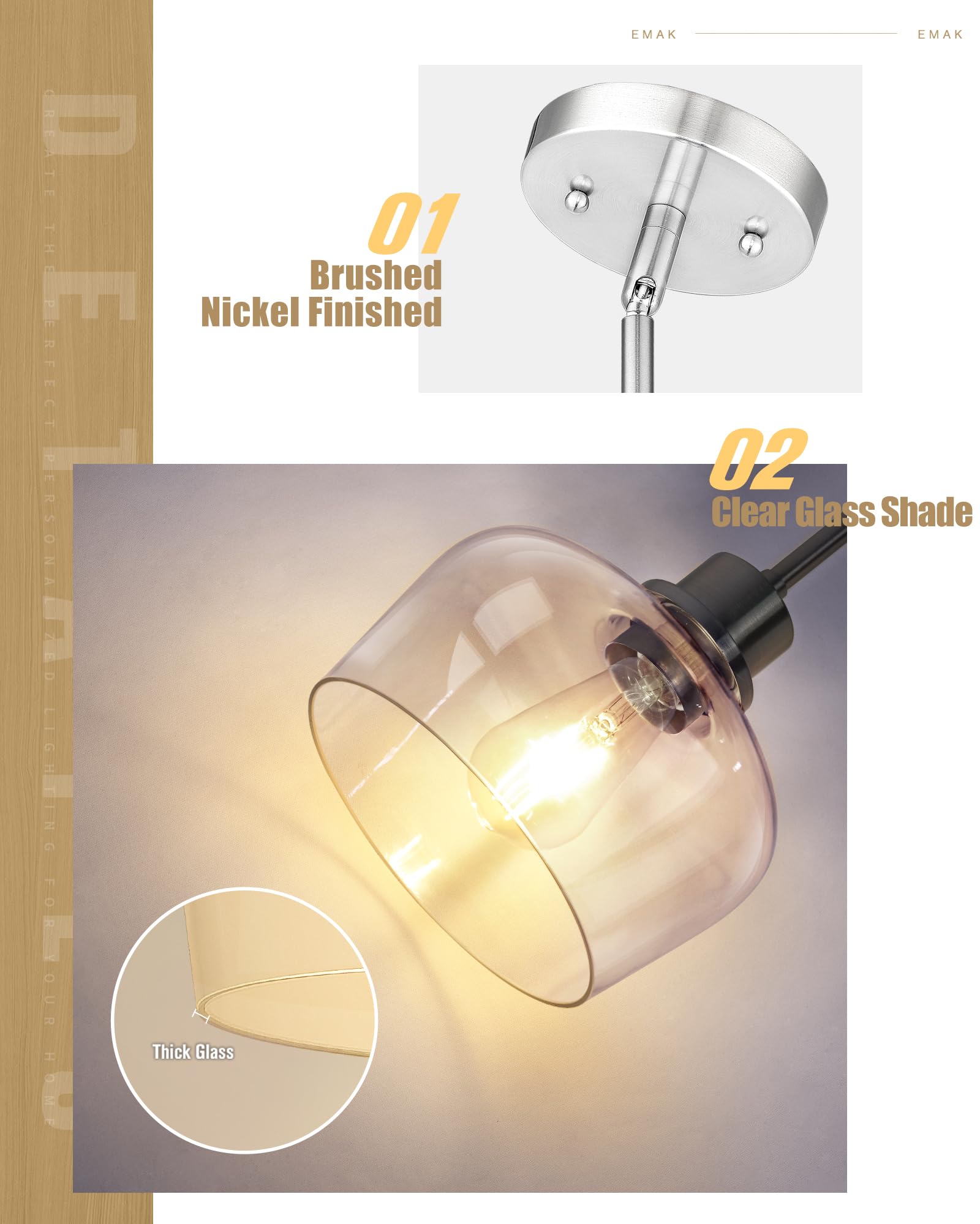 Emak Brushed Nickel Pendant Lights, Modern 8 Inch Clear Glass Pendant Light Fixtures For Kitchen, Bathroom, Bedroom, Dining Room