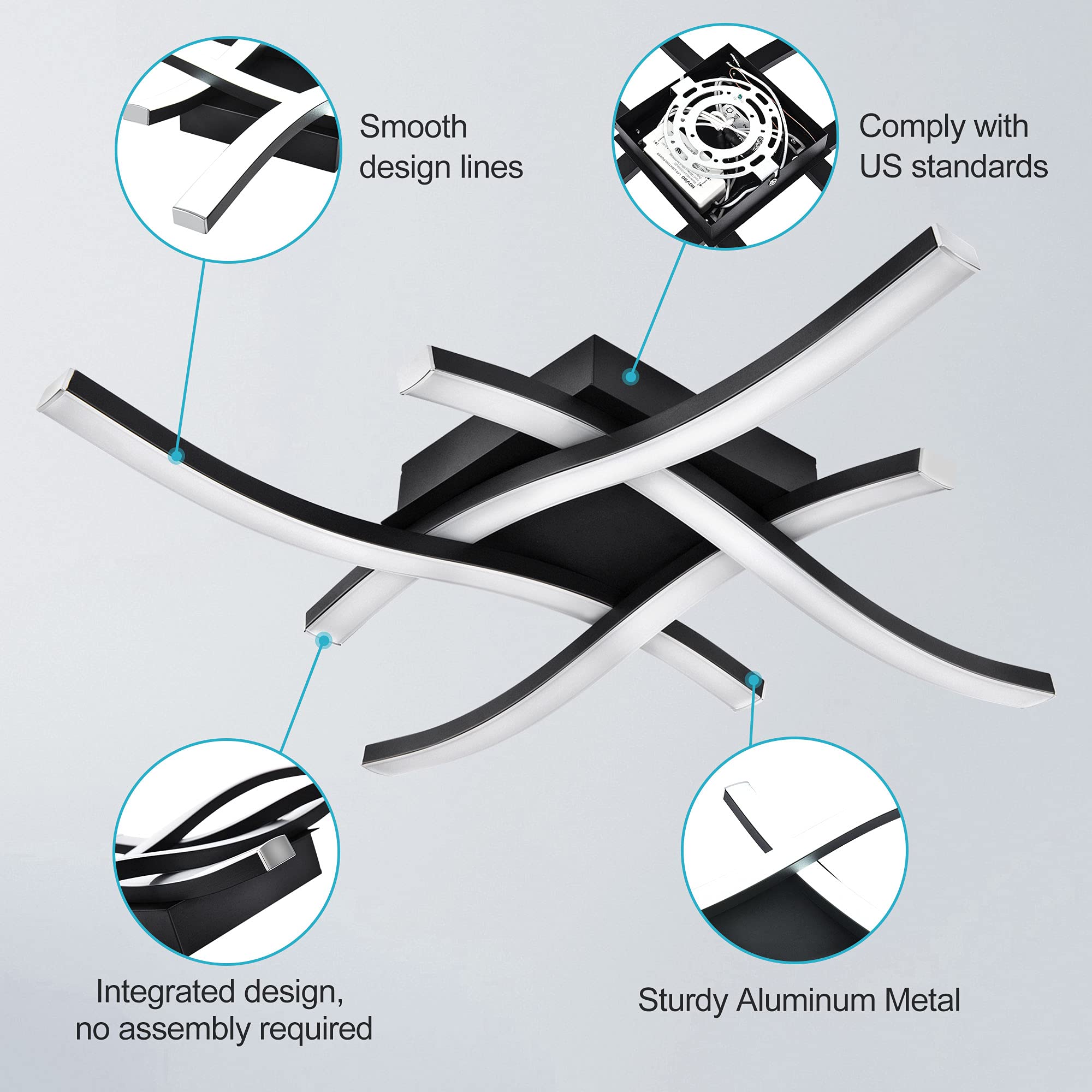 EDISLIVE Modern Dimmable LED Ceiling Light 4-Light Flush Mount 18in 6000K Black