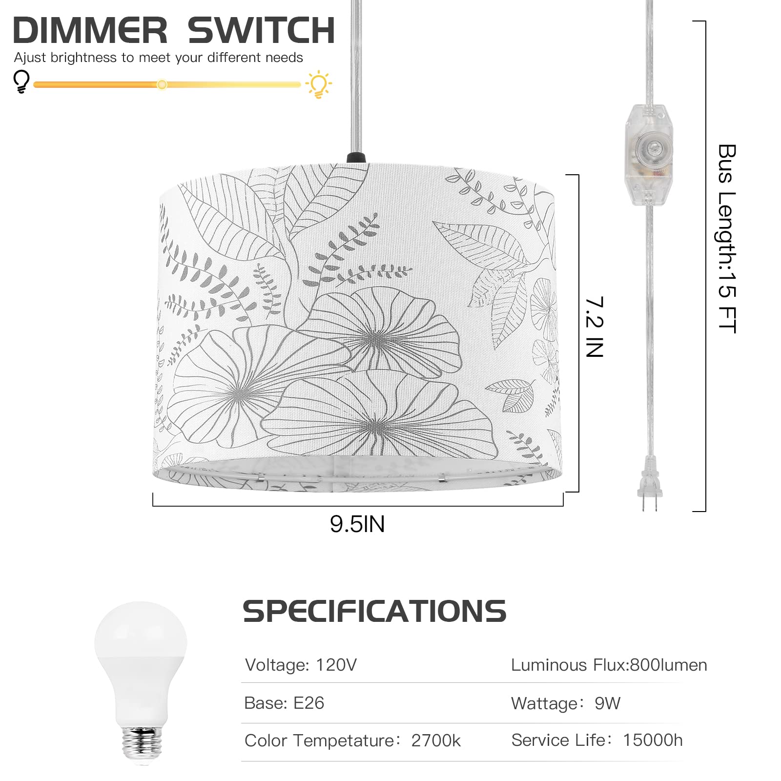 CINSARY Plug-in Pendant Light with Dimmable Switch, 15 ft Clear Cord, Linen Fabric, Flower Color, Bulb Included