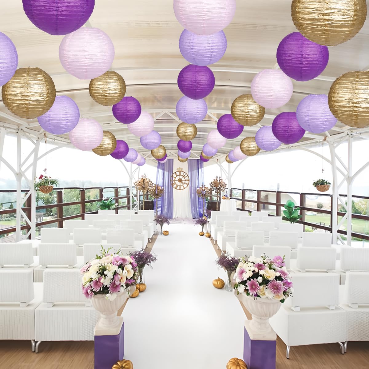 Yunxuan Paper Lanterns Purple Gold Round Hanging Chinese Lanterns For Birthday Baby Shower Bachelorette Party Decorations Pack O