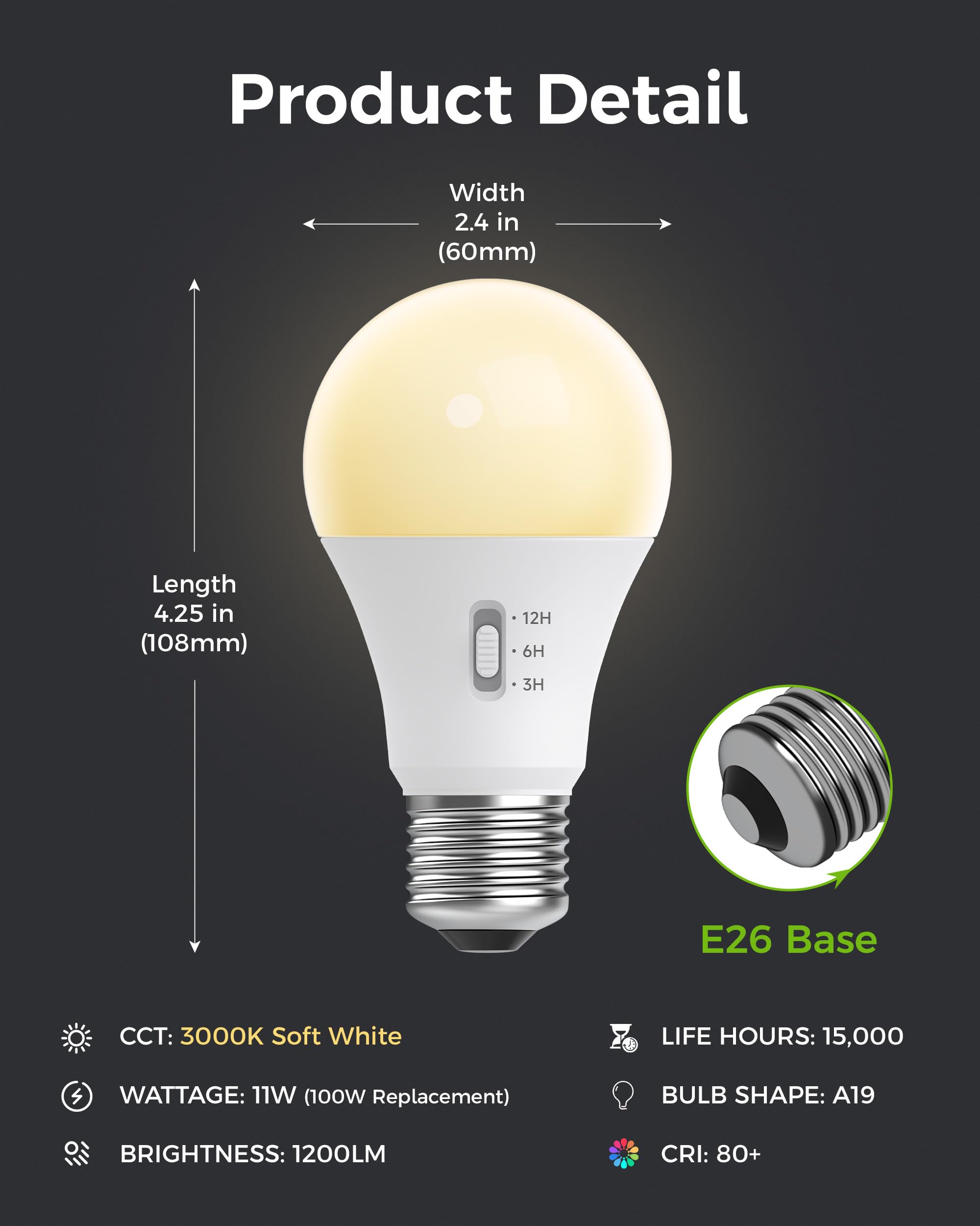 NEOROSS A19 LED Timer Light Bulb, 100W Equivalent, 3000K Soft White, 1200LM, Non-Dimmable, E26 Base, 4 Pack