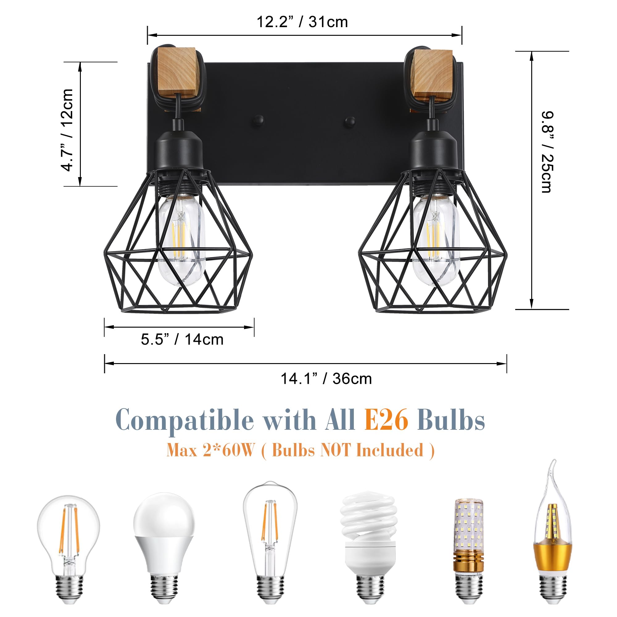 VbiTmn Farmhouse Vanity Light, 2-Light Metal Sconces, Rustic Black, Model VB021-2