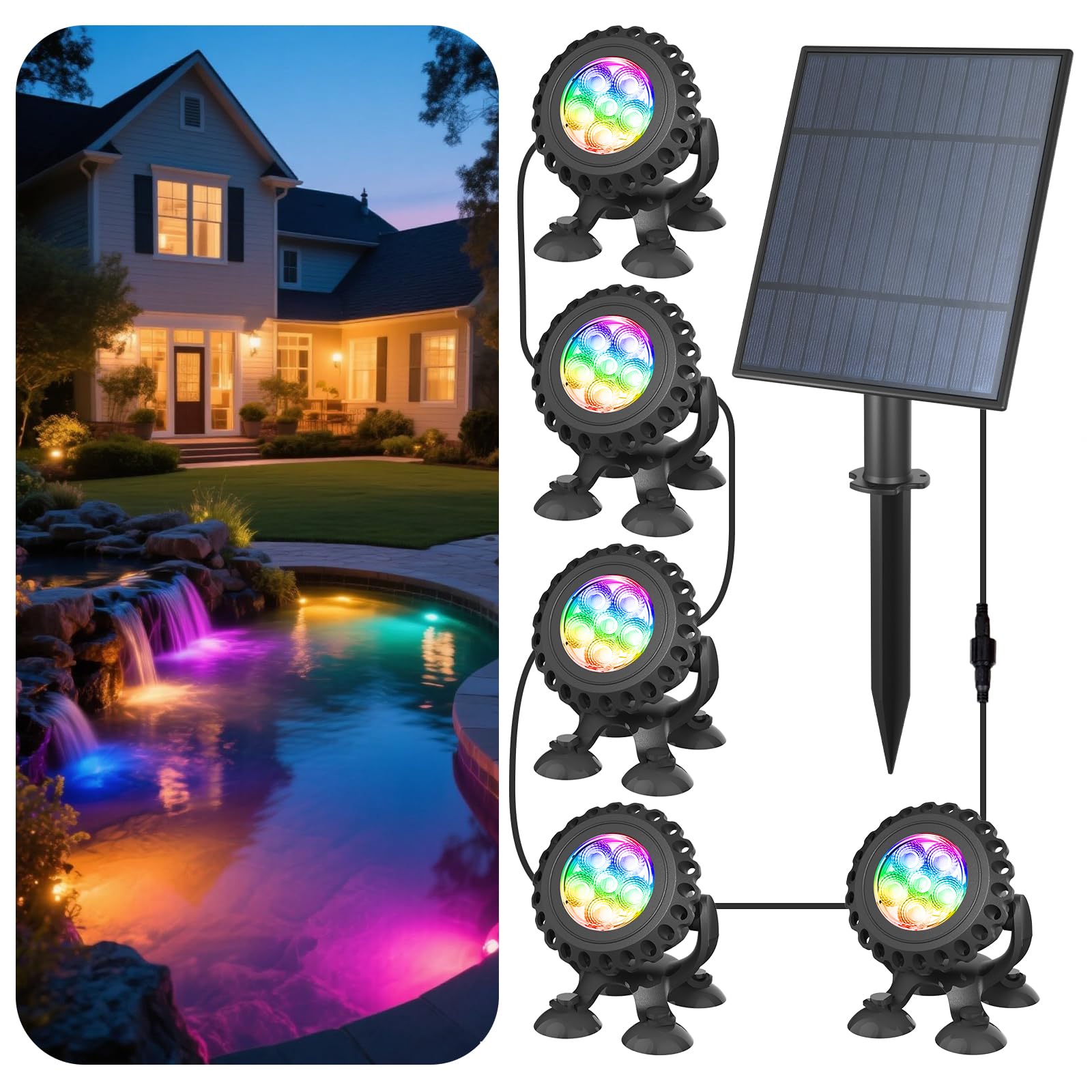 T-SUN Solar Pond Lights, 5-in-1 RGB Underwater Solar Lights, IP68 Waterproof Submersible Light for Pond, Garden, Patio, Fountain