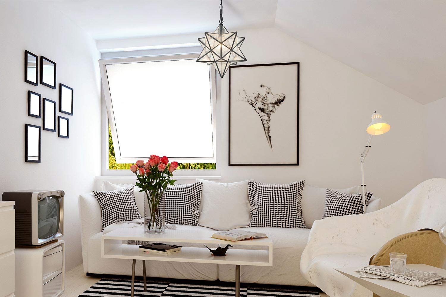 CLAXY Modern Moravian Star Pendant Light, Seeded Glass, 16" Adjustable Chain, Model TB5088DU-40QP, Perfect for Kitchen, Porch, Dining, Foyer, Bedroom