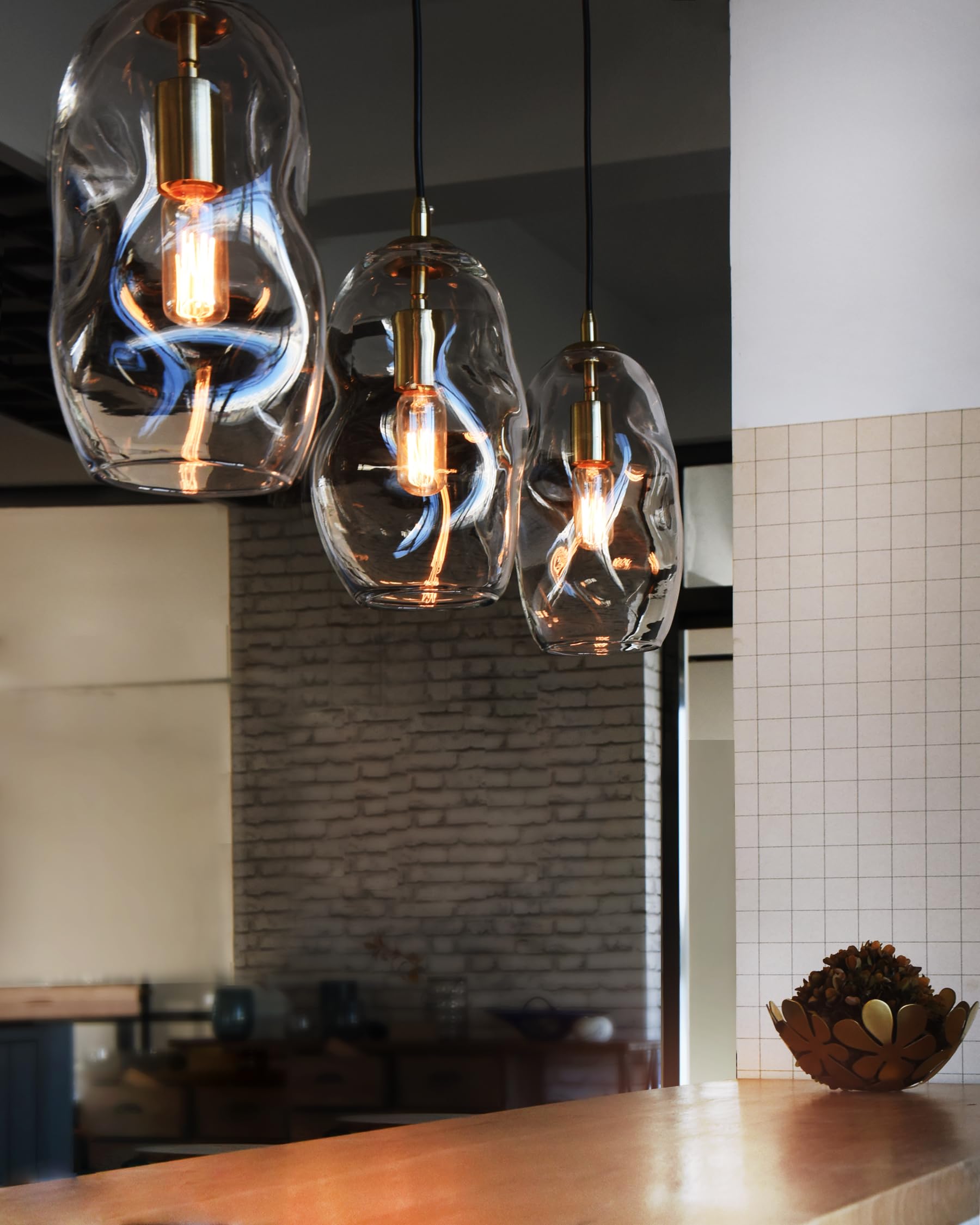 Casamotion Gold Pendant Lights Kitchen Island Blown Art Glass Clear Organic Globe Modern Brass Kit Bar Counter Entryway Hallway