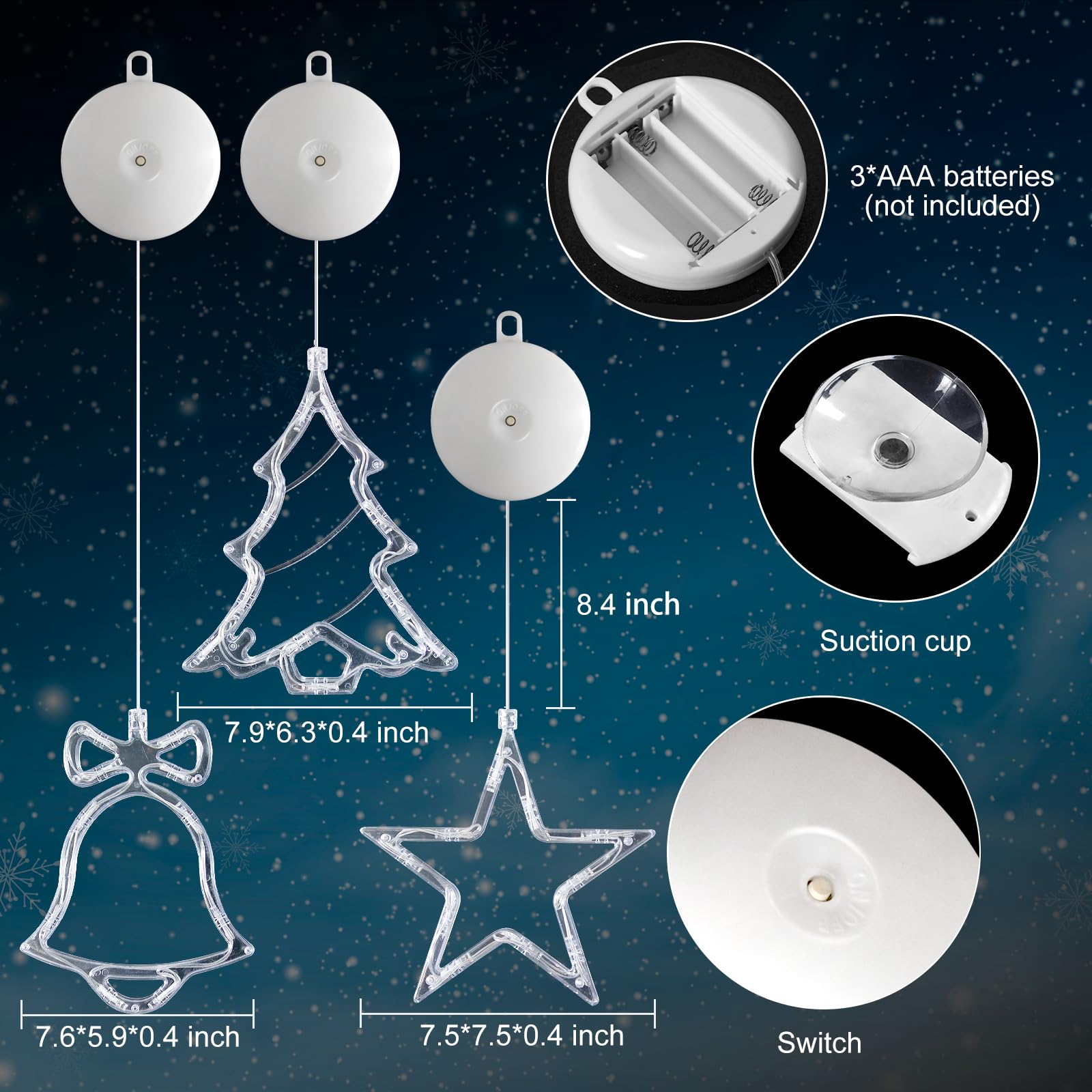 LYUBASA Christmas Window Lights - 3Pcs LED Multicolor Tree & Star Decorations, Battery Powered, Plastic, Model A333