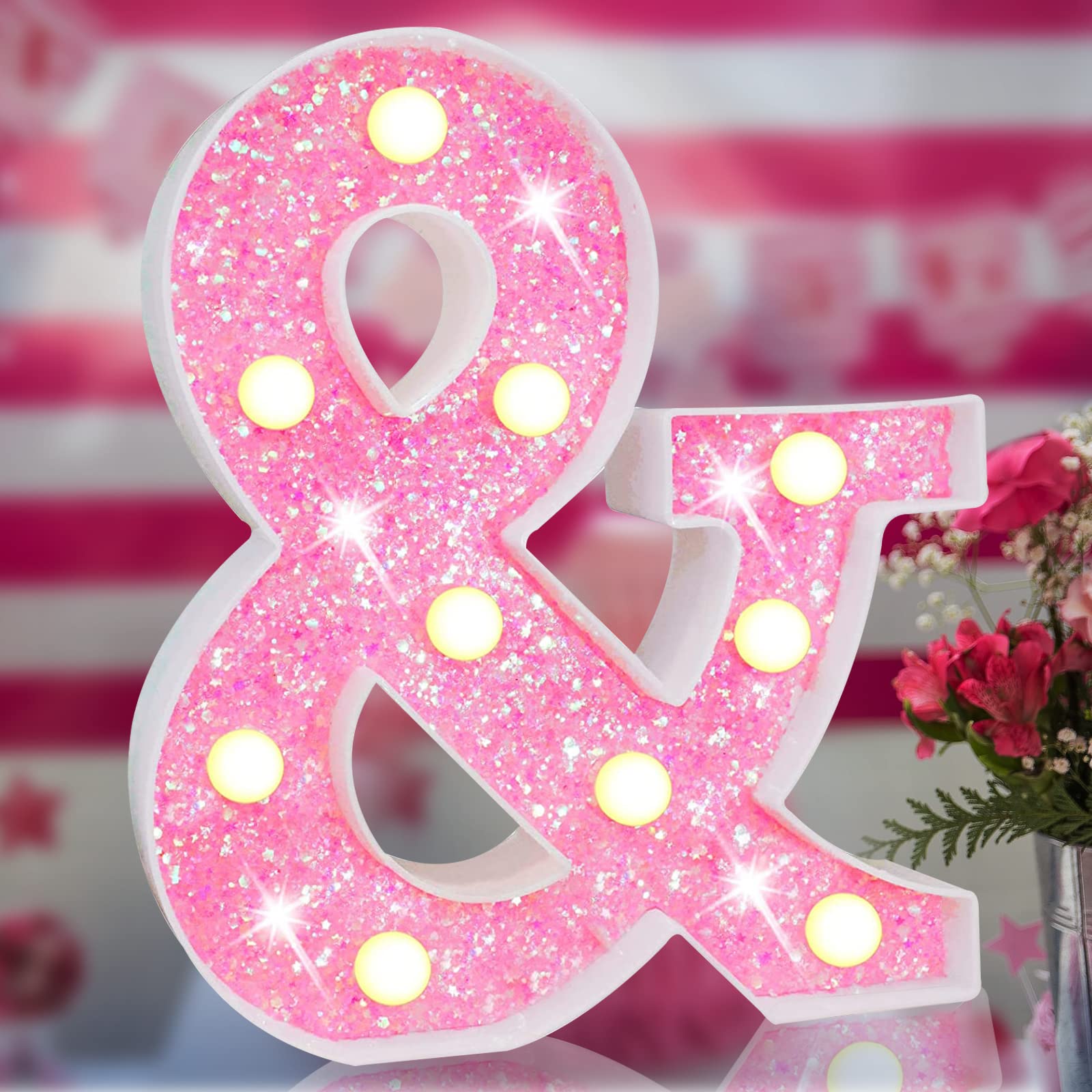 Elnsivo Pink LED Marquee Letter Lights - Glitter Alphabet Sign, Battery Powered, Night Light for Bedroom, Party, Wedding Decor