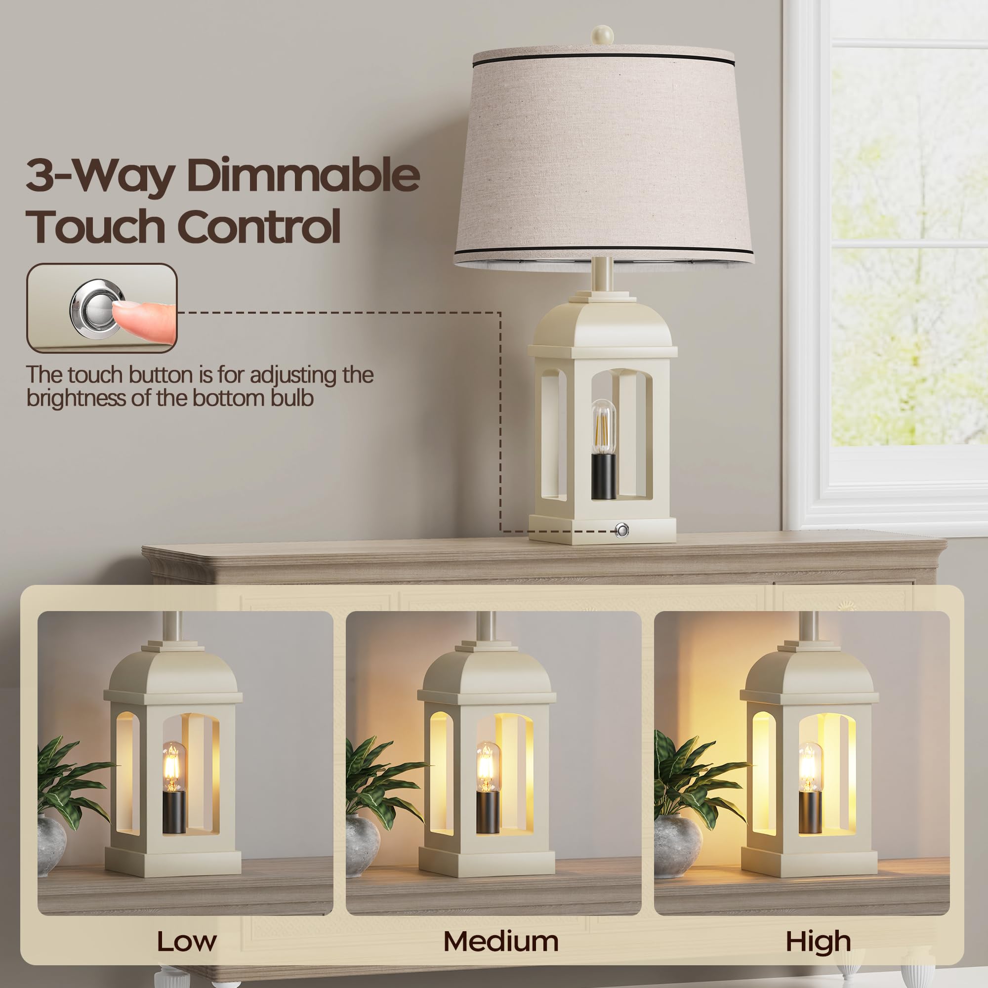 QiMH Rustic Table Lamp for Living Room, 26" White Bedside Lamp with 3-Way Touch Control, USB A+C, Nightlight, 1 Pack