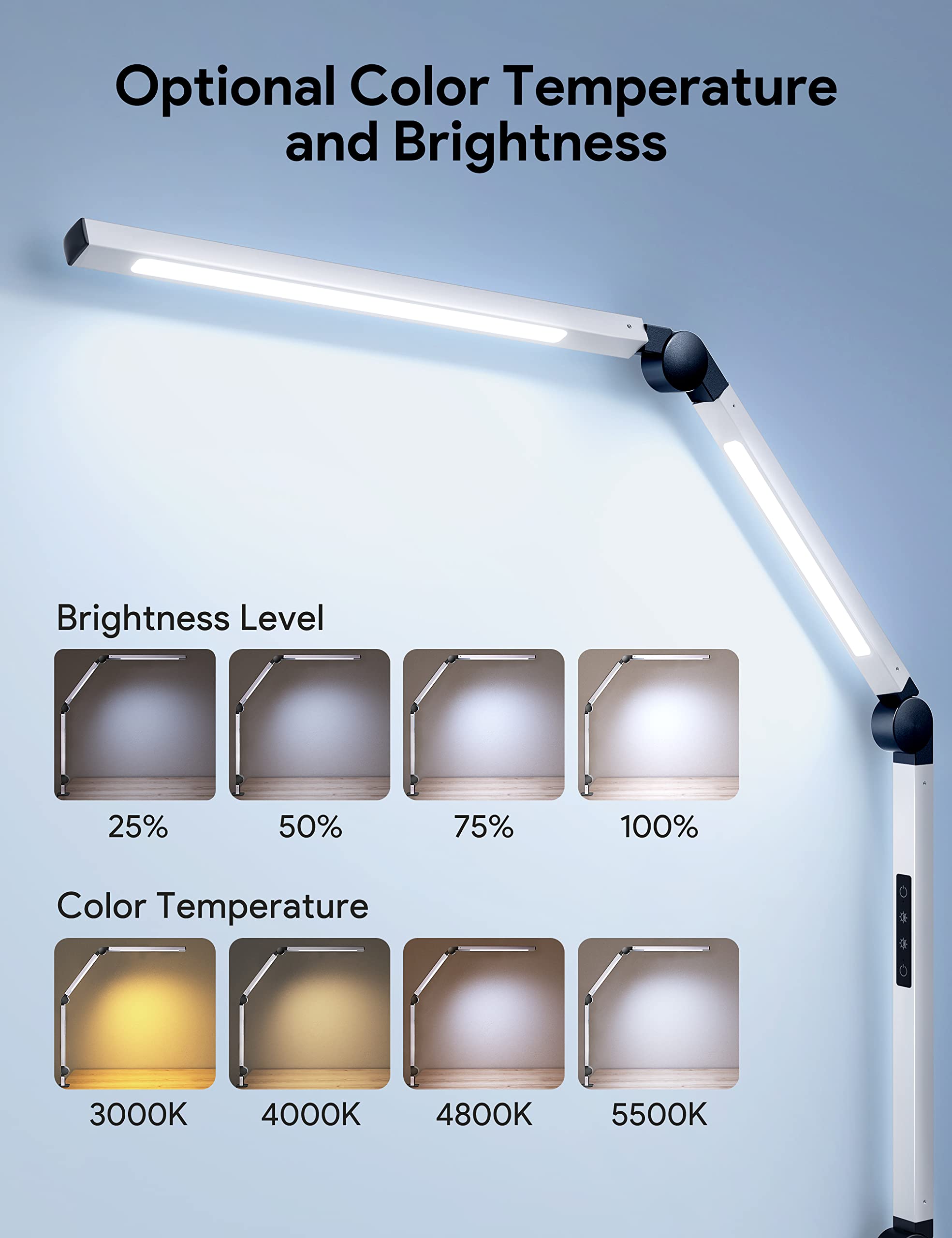 MediAcous LED Desk Lamp with Clamp, Dimmable 4 Color Modes, Eye-Caring, White, Model ME-DL02