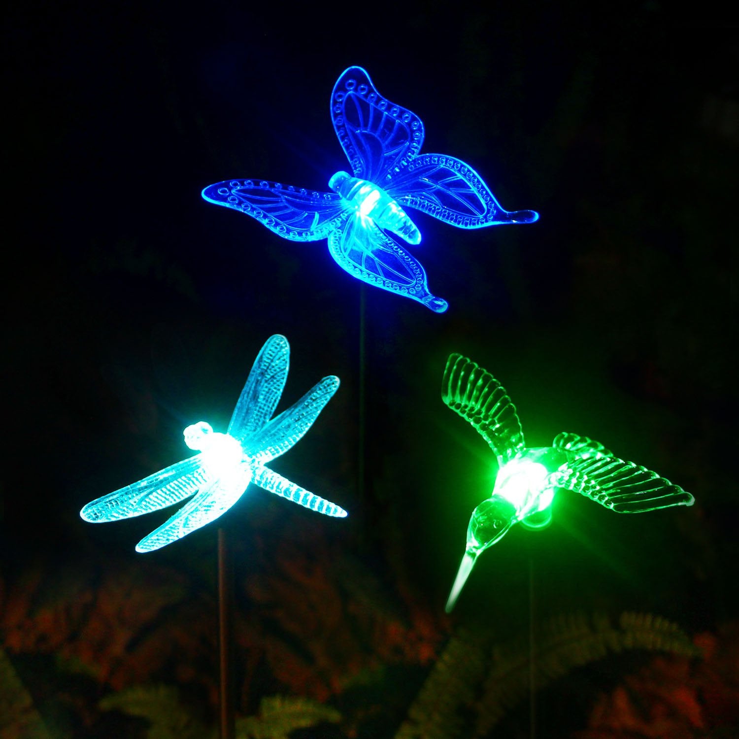 OxyLED Solar Garden Lights, 3 Pack Outdoor Solar Stake Light Hummingbird Butterfly Dragonfly, Solar Powered Pathway Lights, Mult