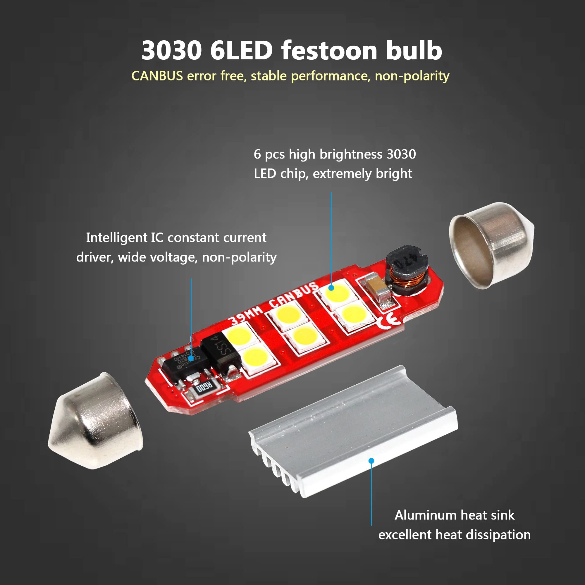 Phinlion 39Mm 6411 Festoon Led Bulbs, 500 Lumens Super Bright 3030 6-Smd Error Free 6413 64181 De3425 De3423 Led Bulbs For Inter