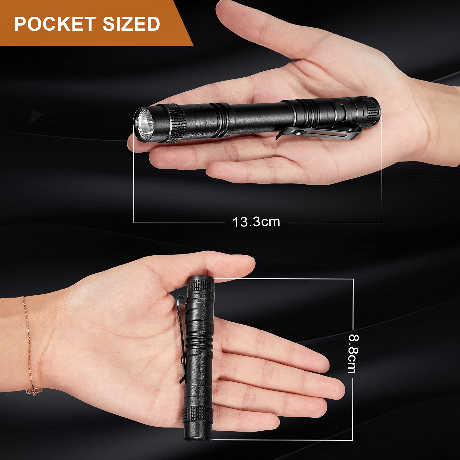 Honoson LED Pocket Pen Light Flashlight, Mini Handheld, Aluminum, Black, Model: Honoson-Pen Lights -06, 12 Pieces