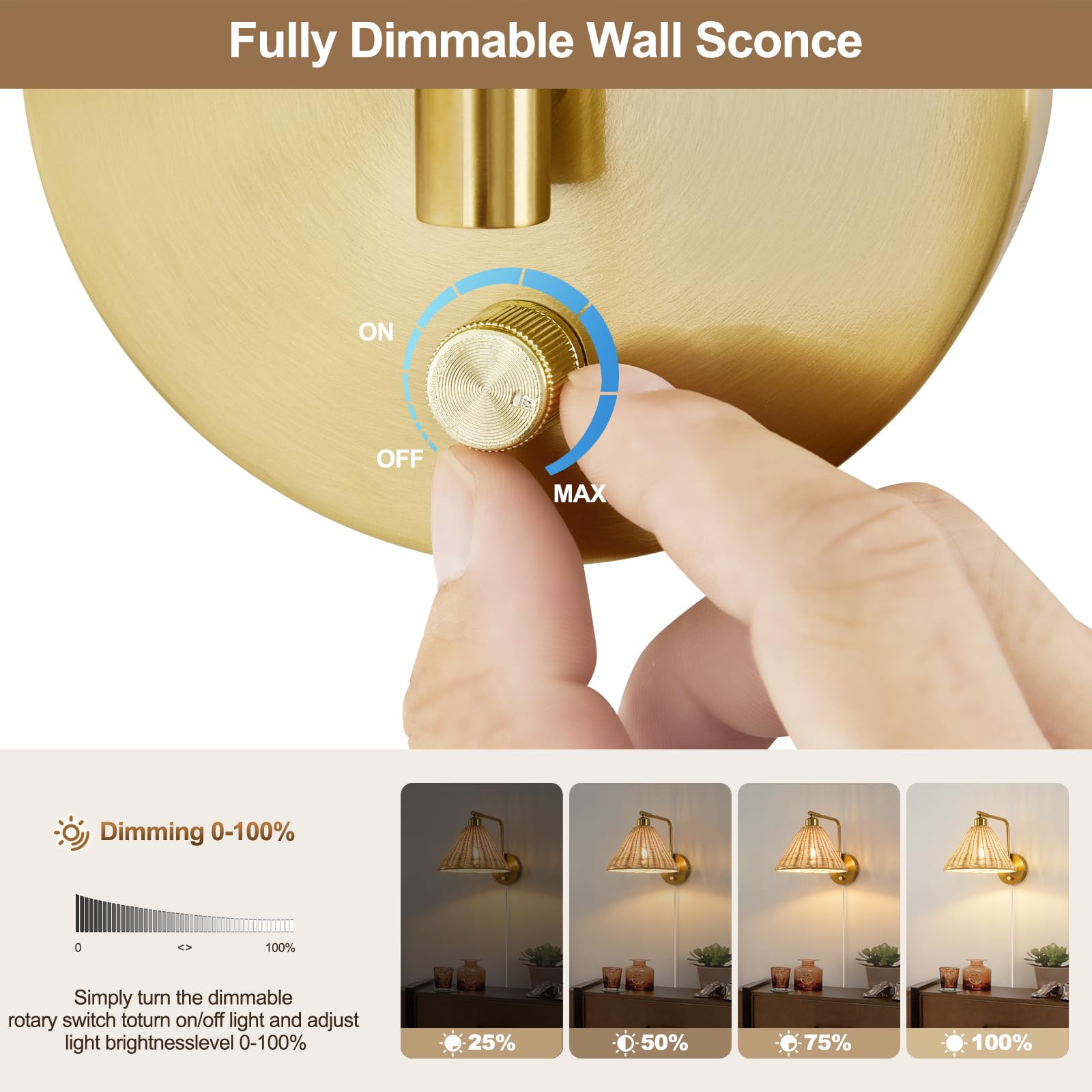Weaboopre Rattan Wall Sconce Set of 2, Gold Plug-in Lamps with Dimmer, Hand Woven Boho Design for Bedroom & Living Room - Model WPWS002