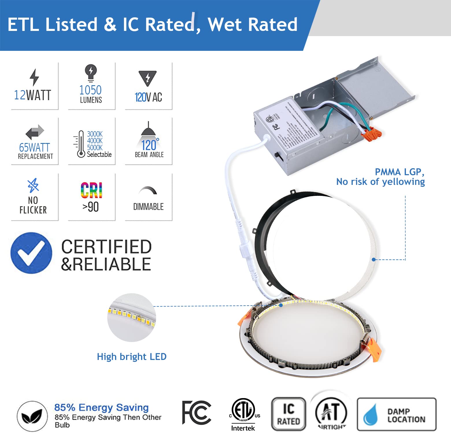 Cycevsun 12 Pack Bronze Recessed Lighting 6 Inch Exterior Soffit Wafer Lights, Dimmable & 5Cct Selectable, 12W, 120Vac, Wet & Ic Rated, Etl