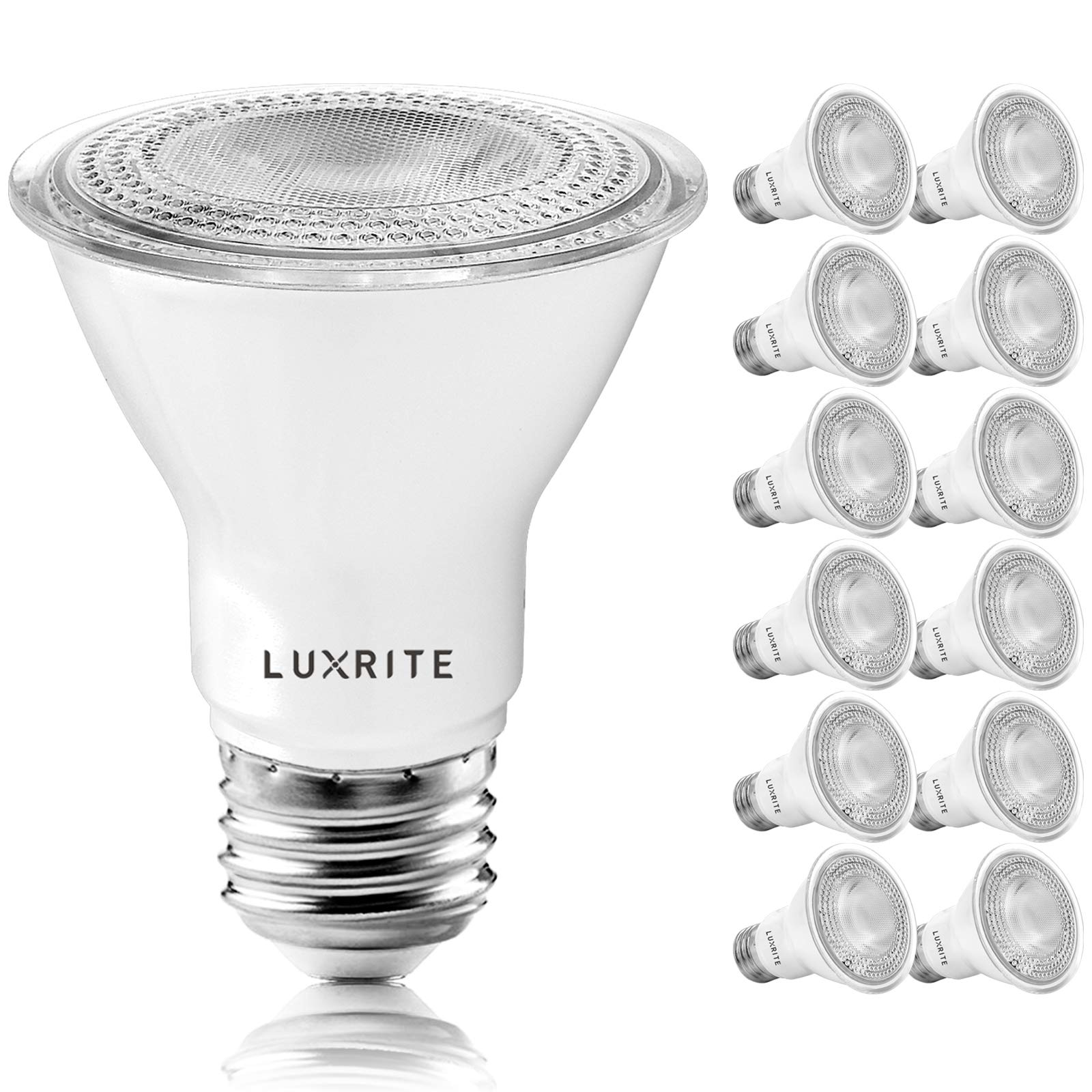 LUXRITE PAR20 LED Bulbs, Dimmable 7W 500 Lumens, 3000K Soft White, 12 Pack, E26 Base, Wet Rated, Model LR