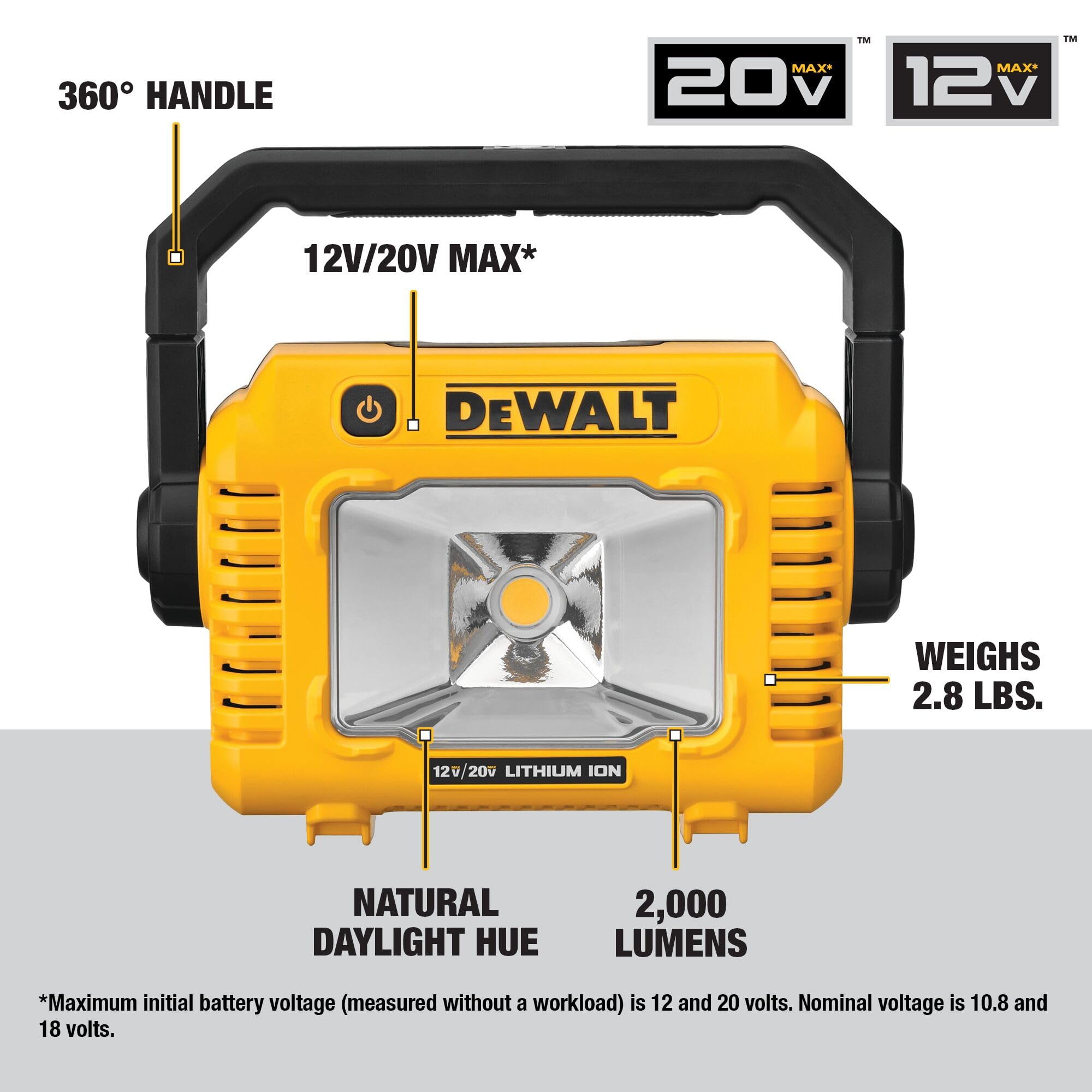 DEWALT 12V/20V MAX LED Work Light, 2000 Lumens, Compact, 360° Handle, Model DCL077B, White, Bare Tool Only
