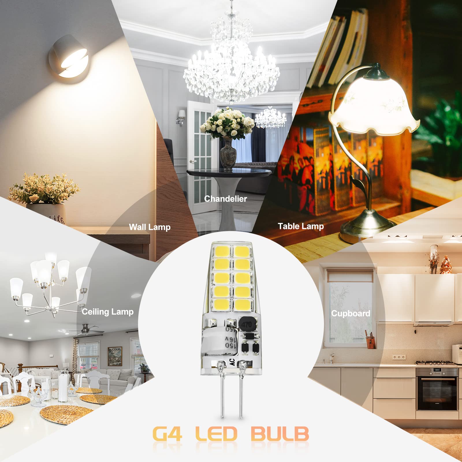 Baoming G4 Led Bulb 12V Jc Tybe, 20W/35W T3 G4 Halogen Equivalent, 6000K Daylight White, G4 Bi-Pin Base, No-Flicker 400Lm, Chand