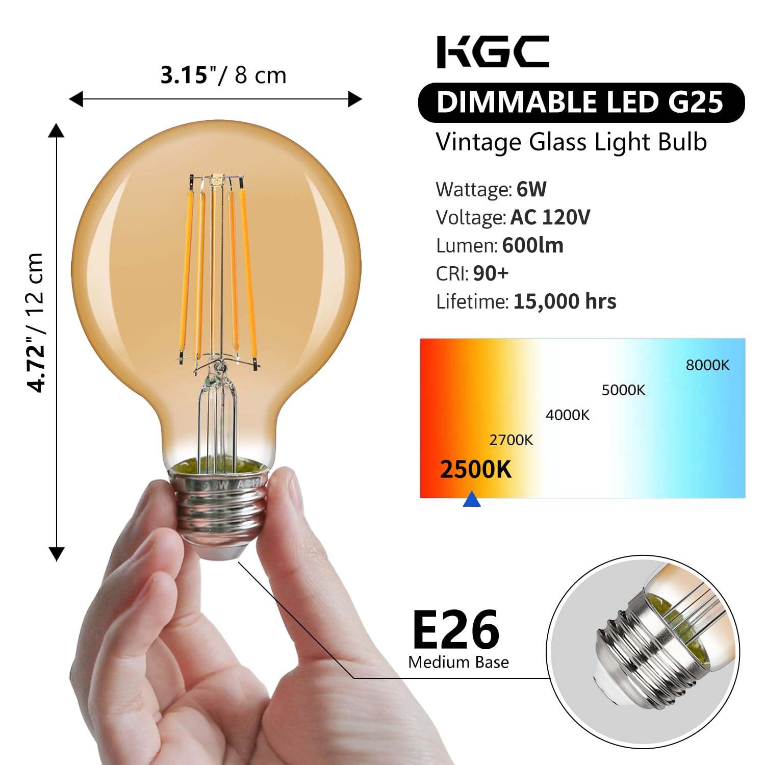 Kgc G25 Led Edison Vanity Globe Light Bulb, Led Filament Light Bulb, 6W Equivalent To 60W, G80 Dimmable 600Lm E26 Medium Base, B