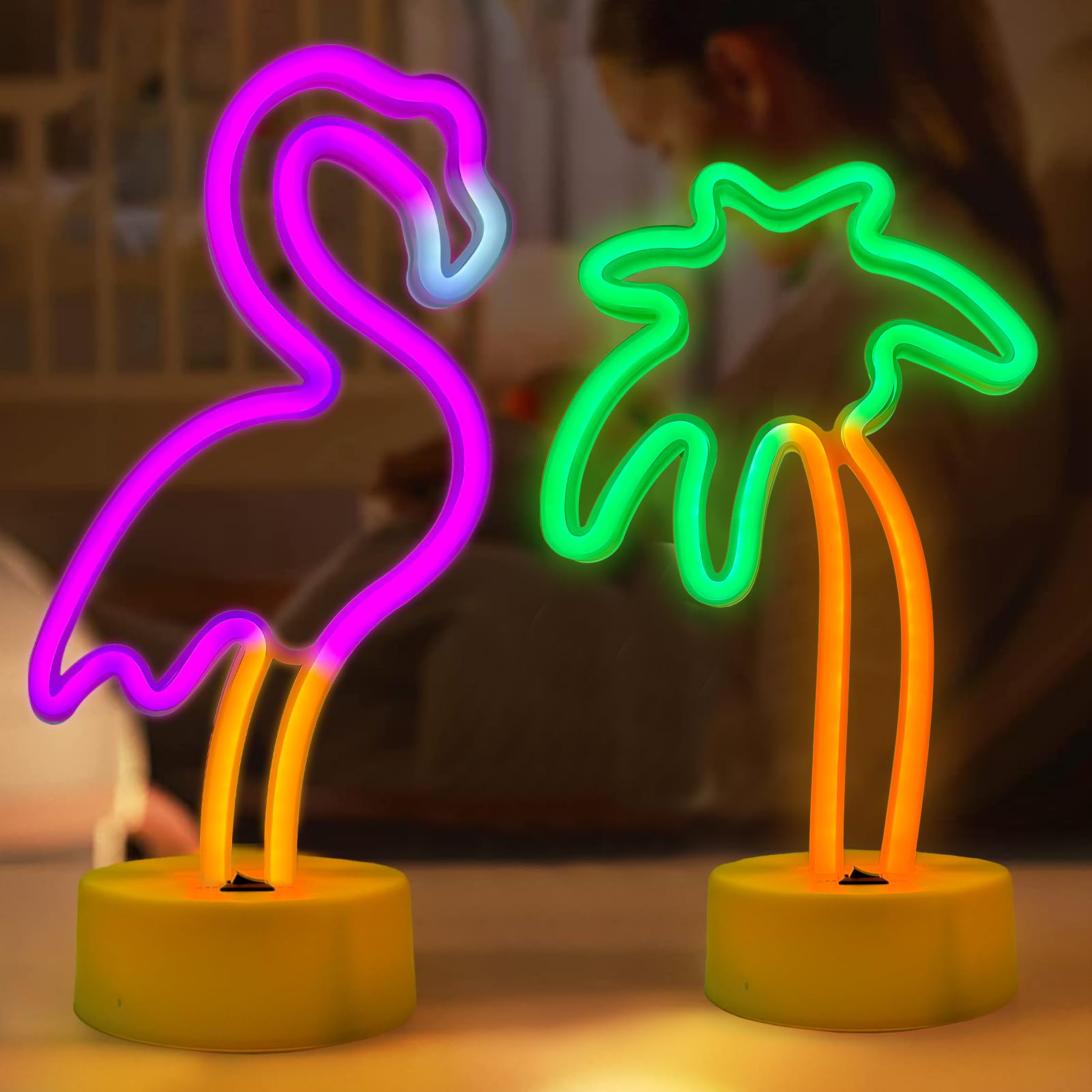 UrsaMajor Neon Signs 2 Pack - Pink Flamingo & Palm Tree, USB/Battery Powered, Energy Efficient Decor for Bedroom, Party, Office, Valentine Gifts