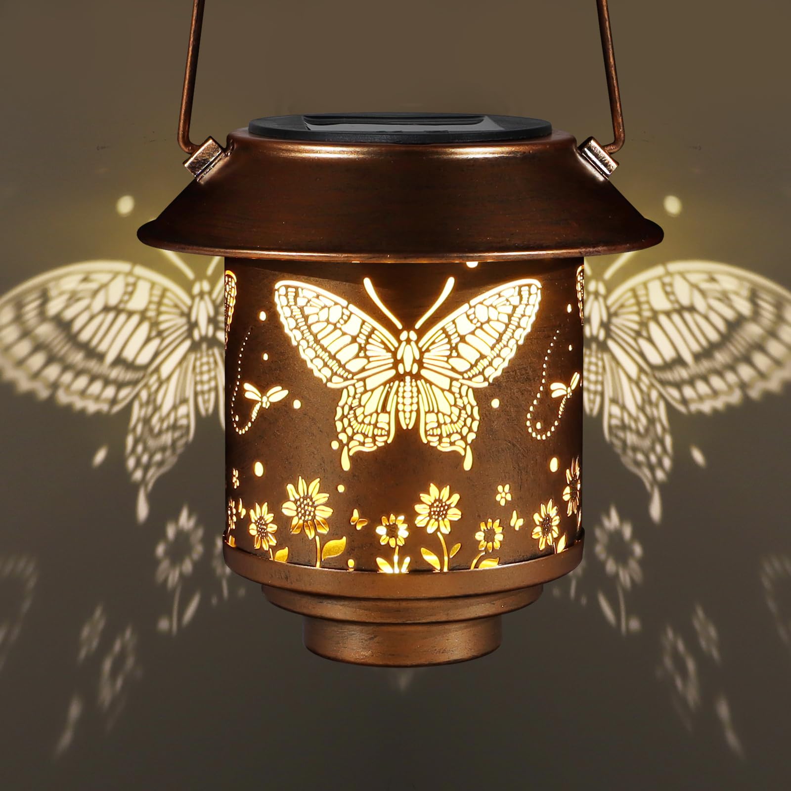Yamodoor Outdoor Solar Lantern, Metal Butterfly Pattern, 5.5x5.5x5.9 in, Copper, Model MTD-105, Waterproof for Garden and Patio Decor