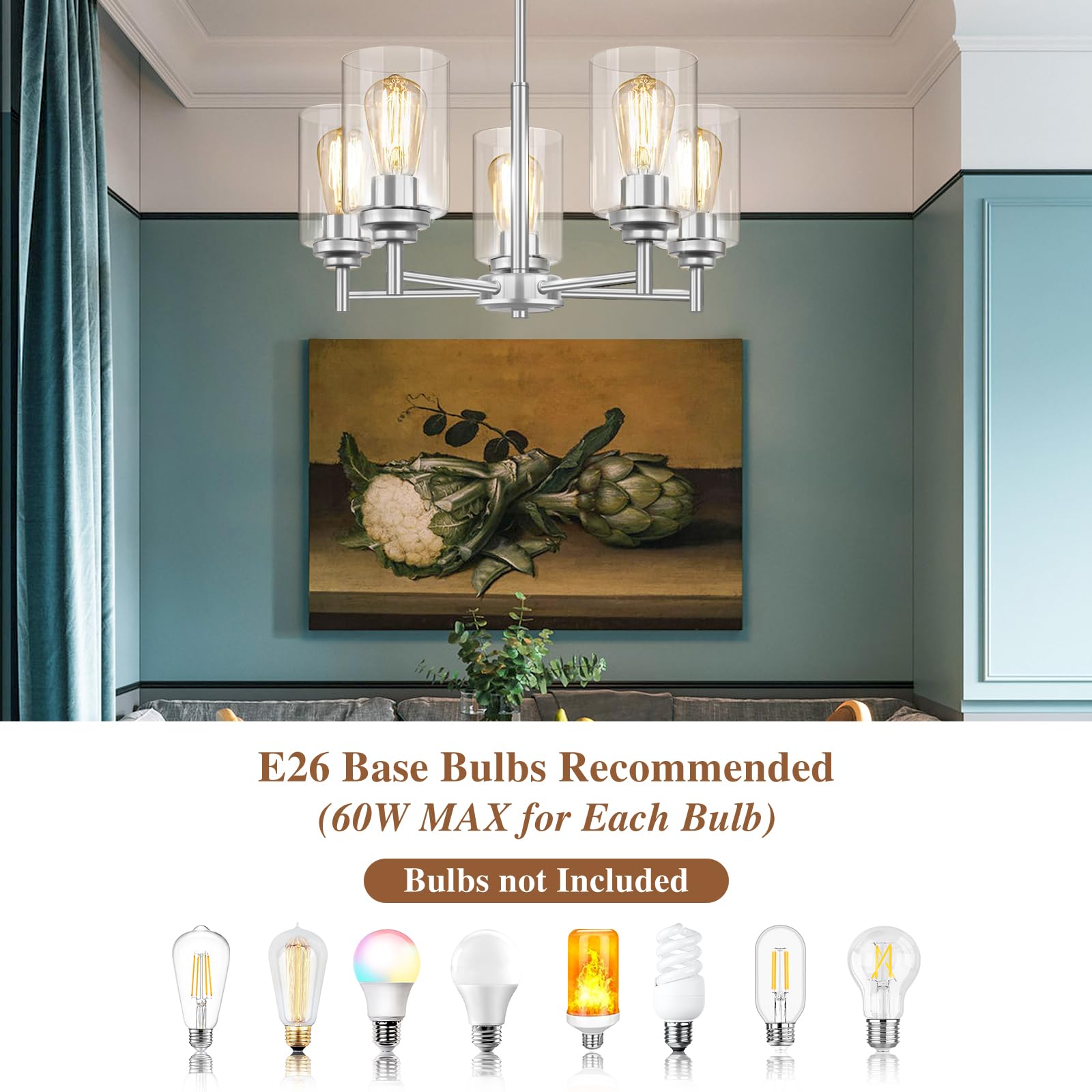 5-Light Chandelier For Dining Room Kitchen Island Modern Farmhouse Pendant Lighting With Clear Glass Shades Industrial Brushed N