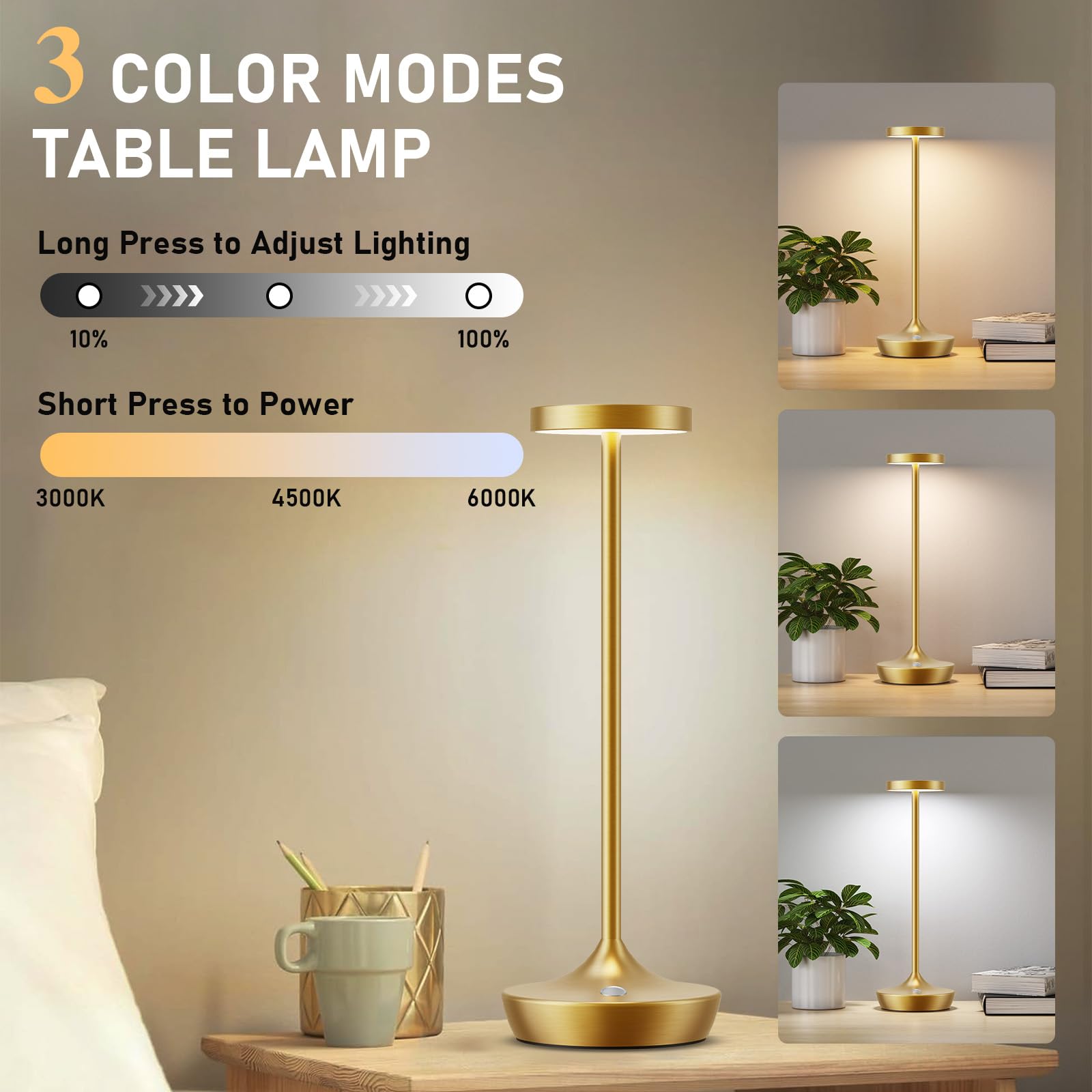 Tpczqj 2 Pack LED Cordless Rechargeable Waterproof Table Lamp, Touch Light, 3 Color Dimming, Gold, Battery Operated, IP54