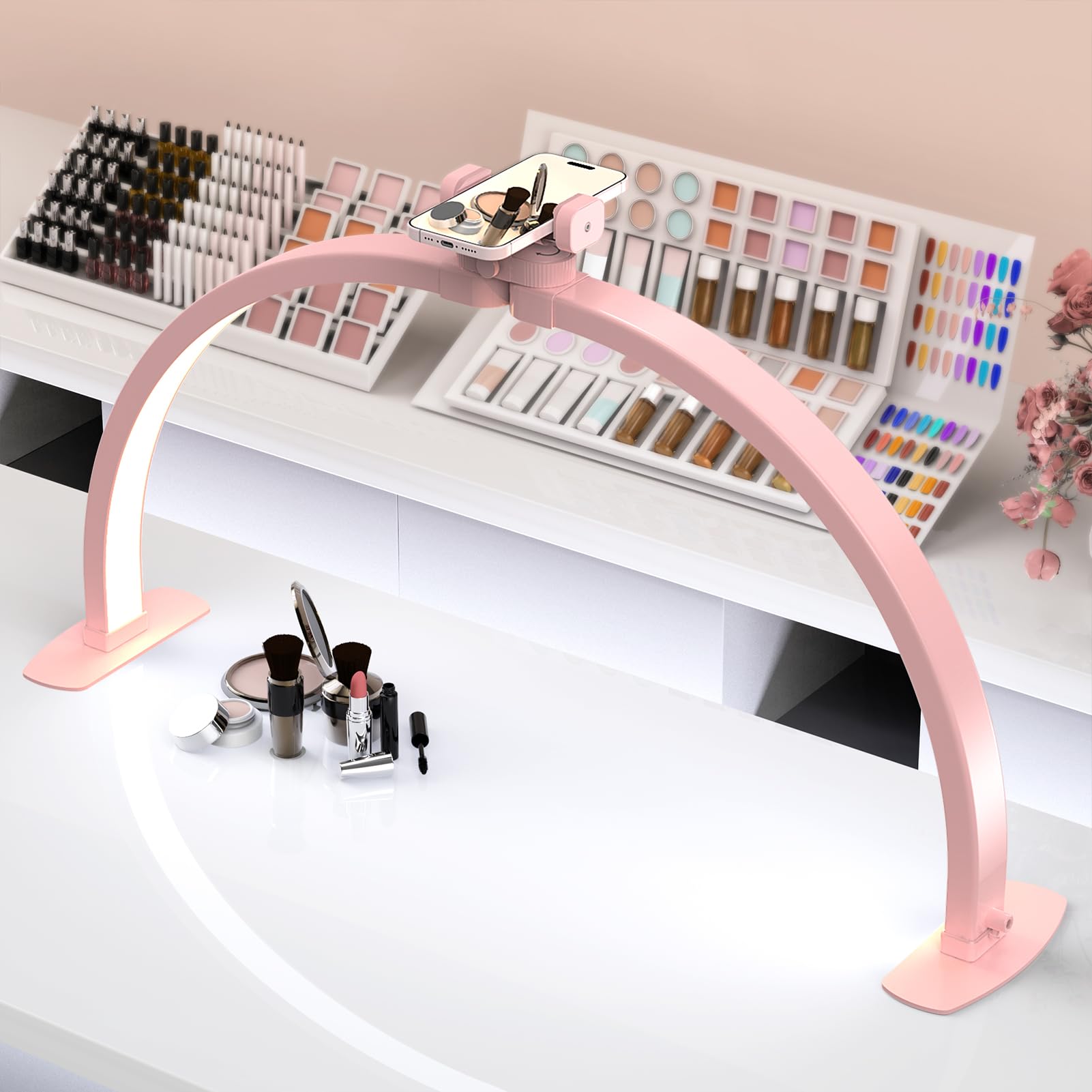 Slyfte Professional Large Half Moon Led Light For Nail Desk With Phone Holder For Nail Lamp, Foldable Arch Light For Nail Techs 