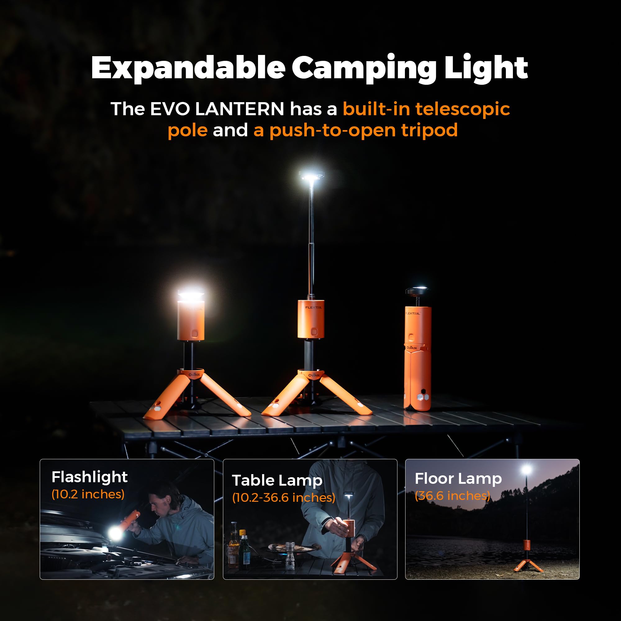 Outask Telescopic Camping Light - Collapsible Magnetic Lantern, 12000mAh Battery, Waterproof, Orange, Model TD-1