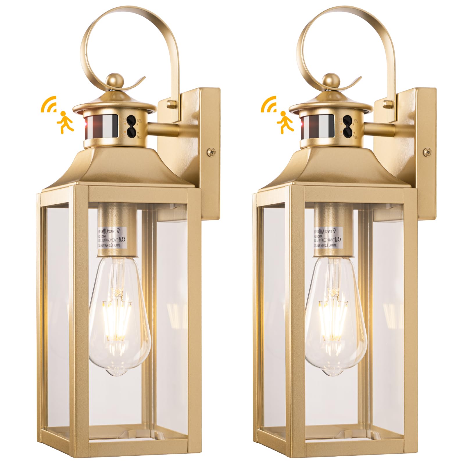 Yolsunes Motion Sensor Outdoor Wall Lights 2 Pack - Gold Dusk to Dawn Light Fixtures Wall Mount, Modern Exterior Wall Sconces, L