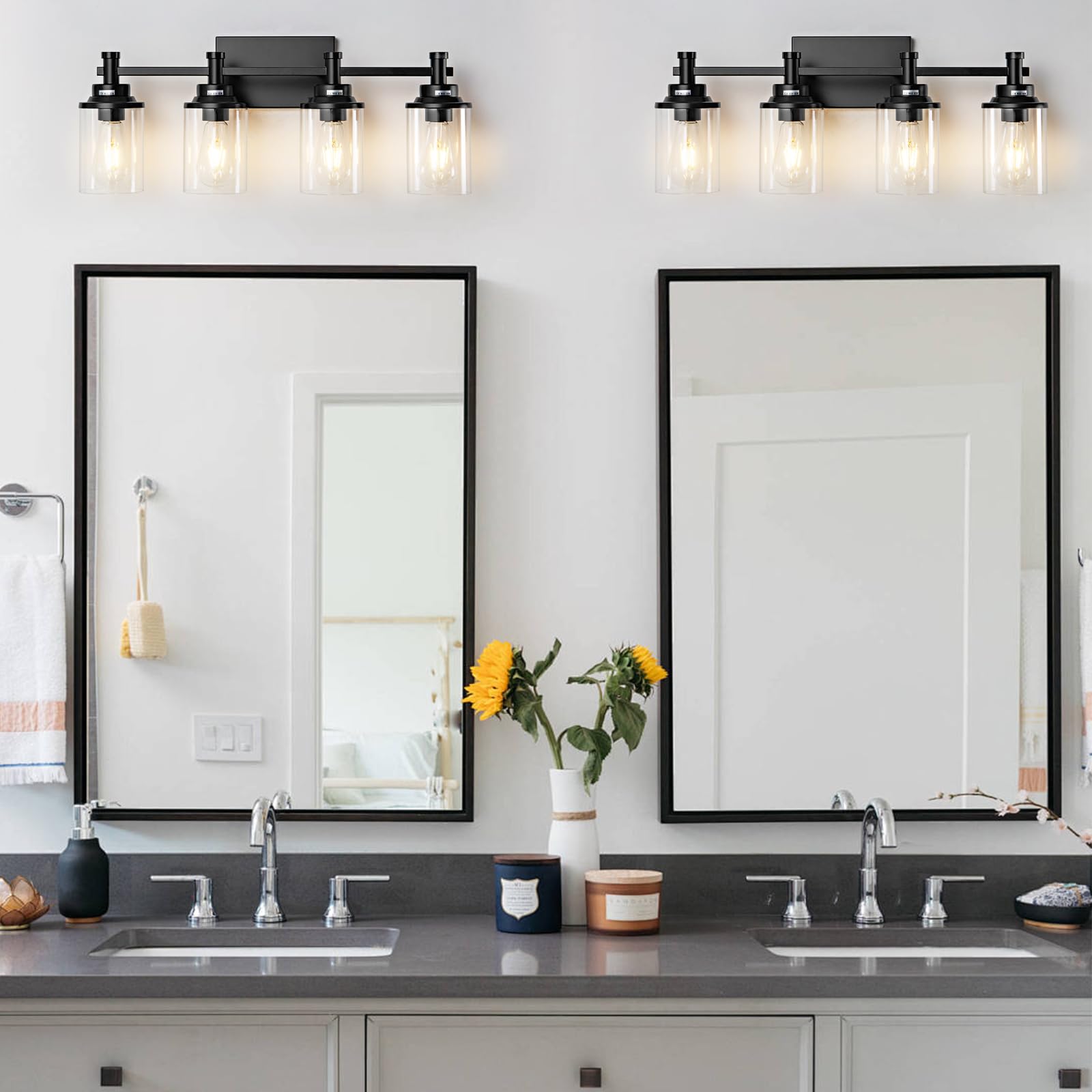 Aixialin 4 Lights Bathroom Light Fixtures, Bathroom Vanity Lights With Clear Glass Shades, Matte Black Bathroom Light Fixtures O