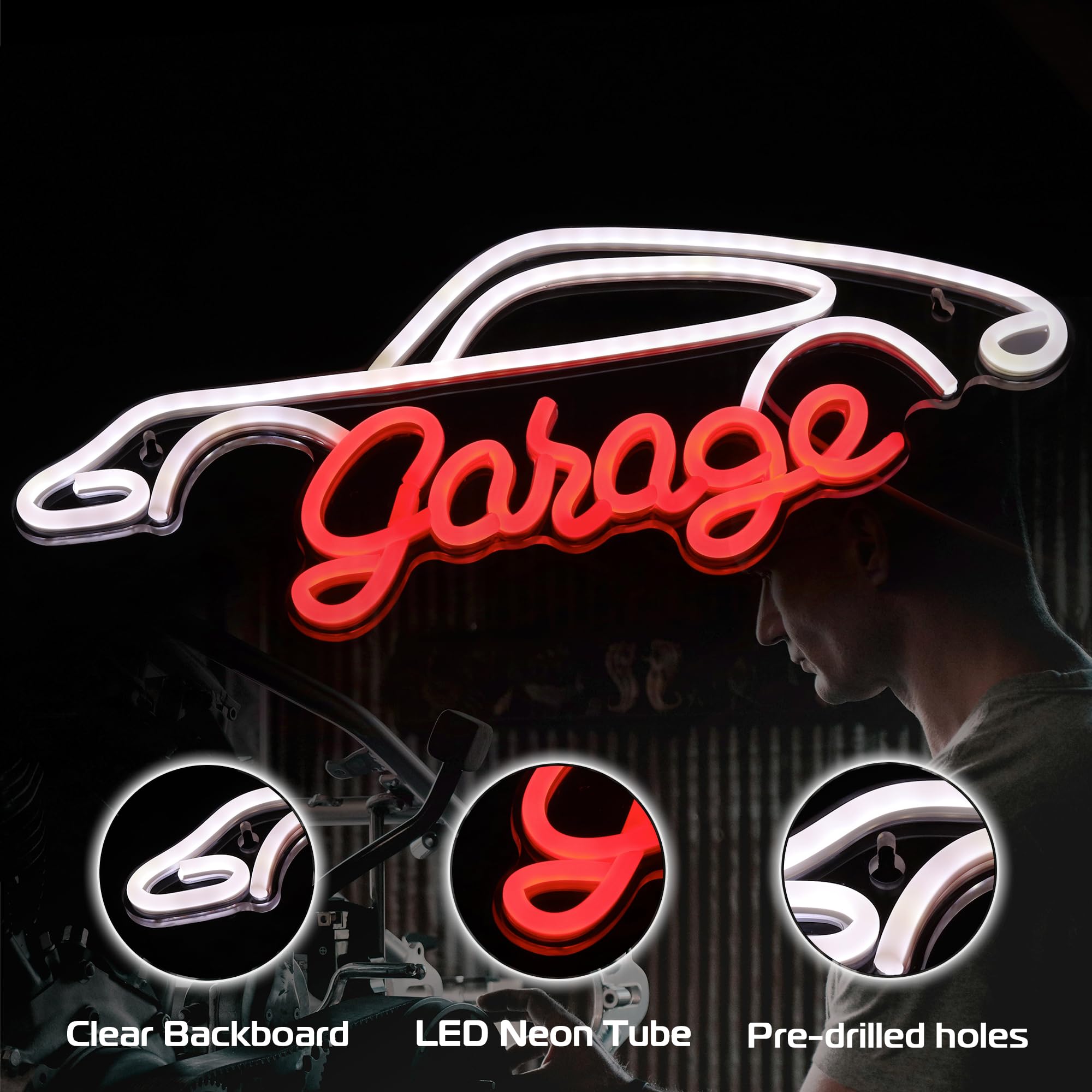 Kavaas Garage Neon Sign - LED Car Room Decor, White & Red Plastic, Ideal for Auto Repair Workshop, Man Cave, Great Gift for Car Enthusiasts