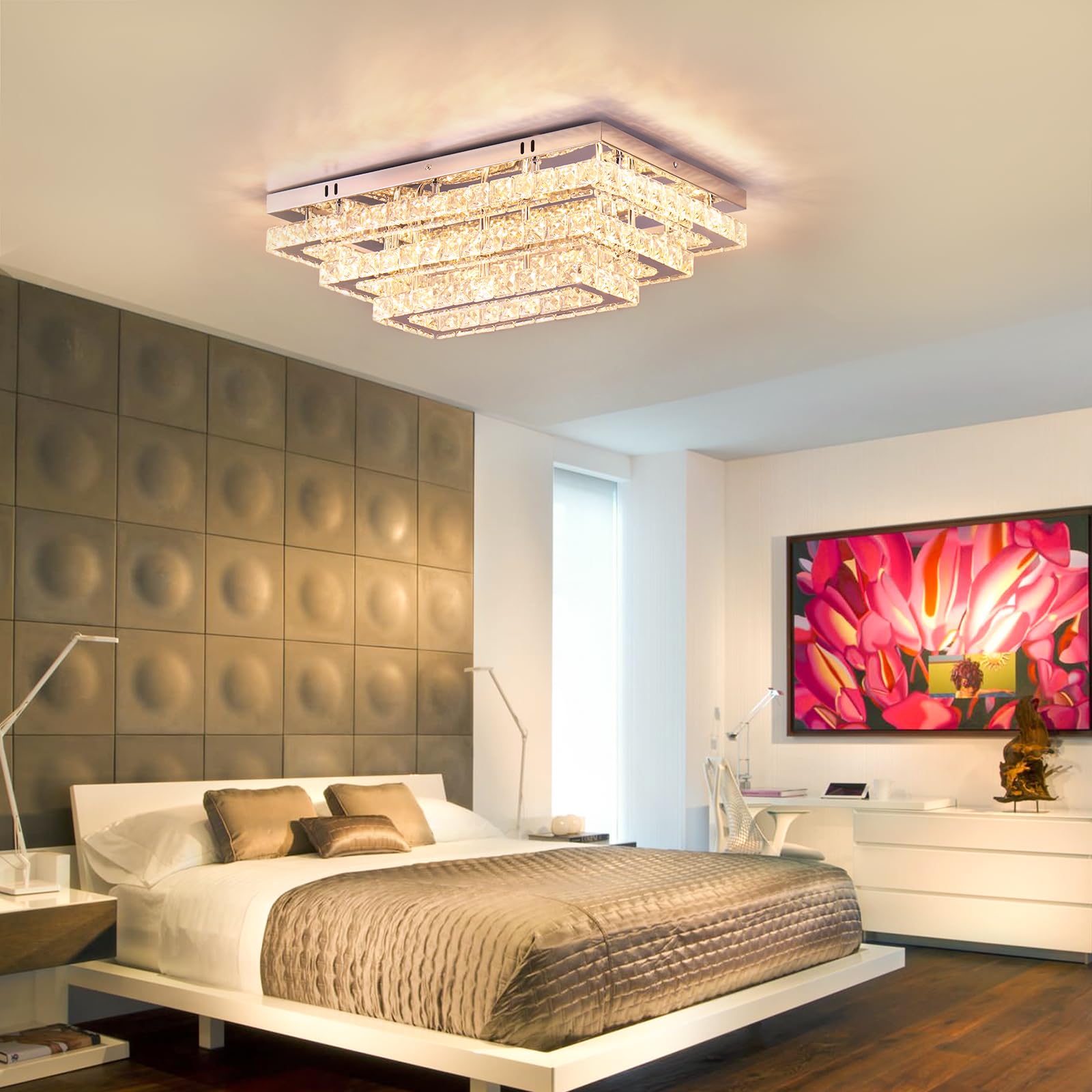 Finktonglan 20&quot; Dimmable Crystal Led Rectangular Flush Mount Chandelier For Living Room/Bedroom