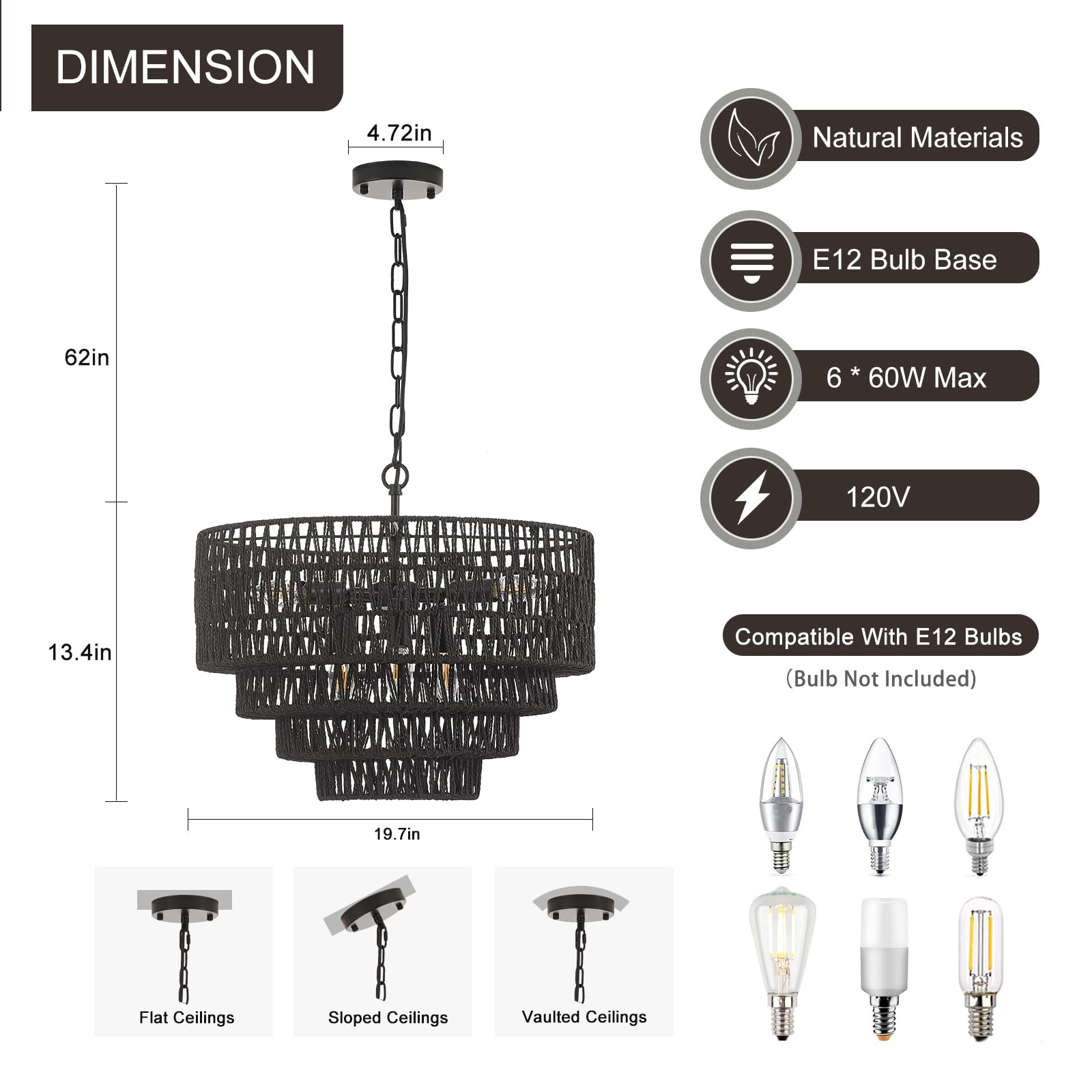 Yomecoo 19.7'' Black Rattan Chandelier Vintage 6-Lights Farmhouse Boho Hand-Woven Bamboo Black Chandeliers Light Fixture Retro D