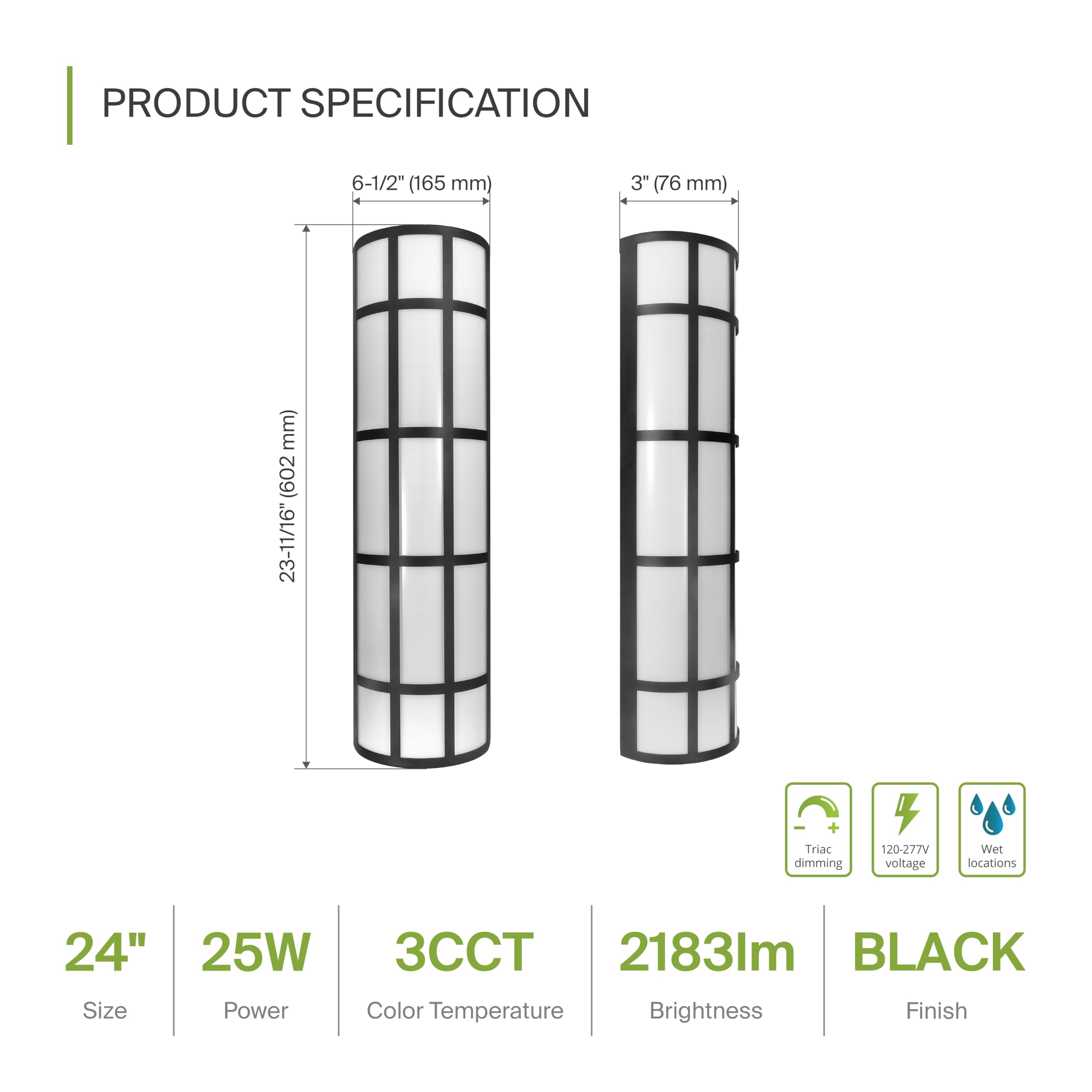Asd 24 Inch Led Outdoor Wall Mount Light Fixture With Grid - Matte Black Modern Wall Sconce - 25W 120-277V 3000K 4000K 5000K Adj