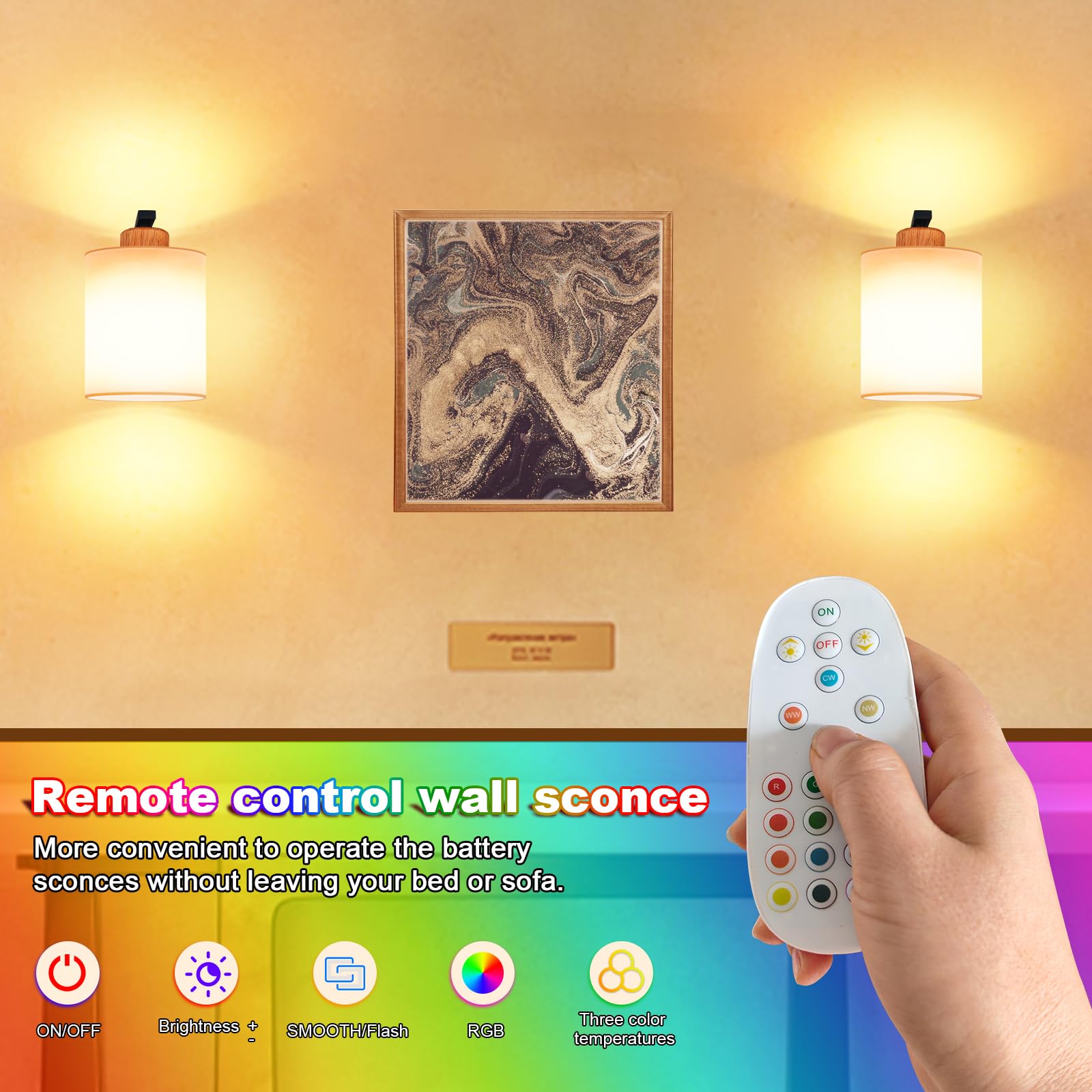 Aiilsmp Battery Operated Wall Sconces Set of Two,Black Rechargeable Wireless Wall Sconce with Remote,Dimmable 12 Colors Modes Le