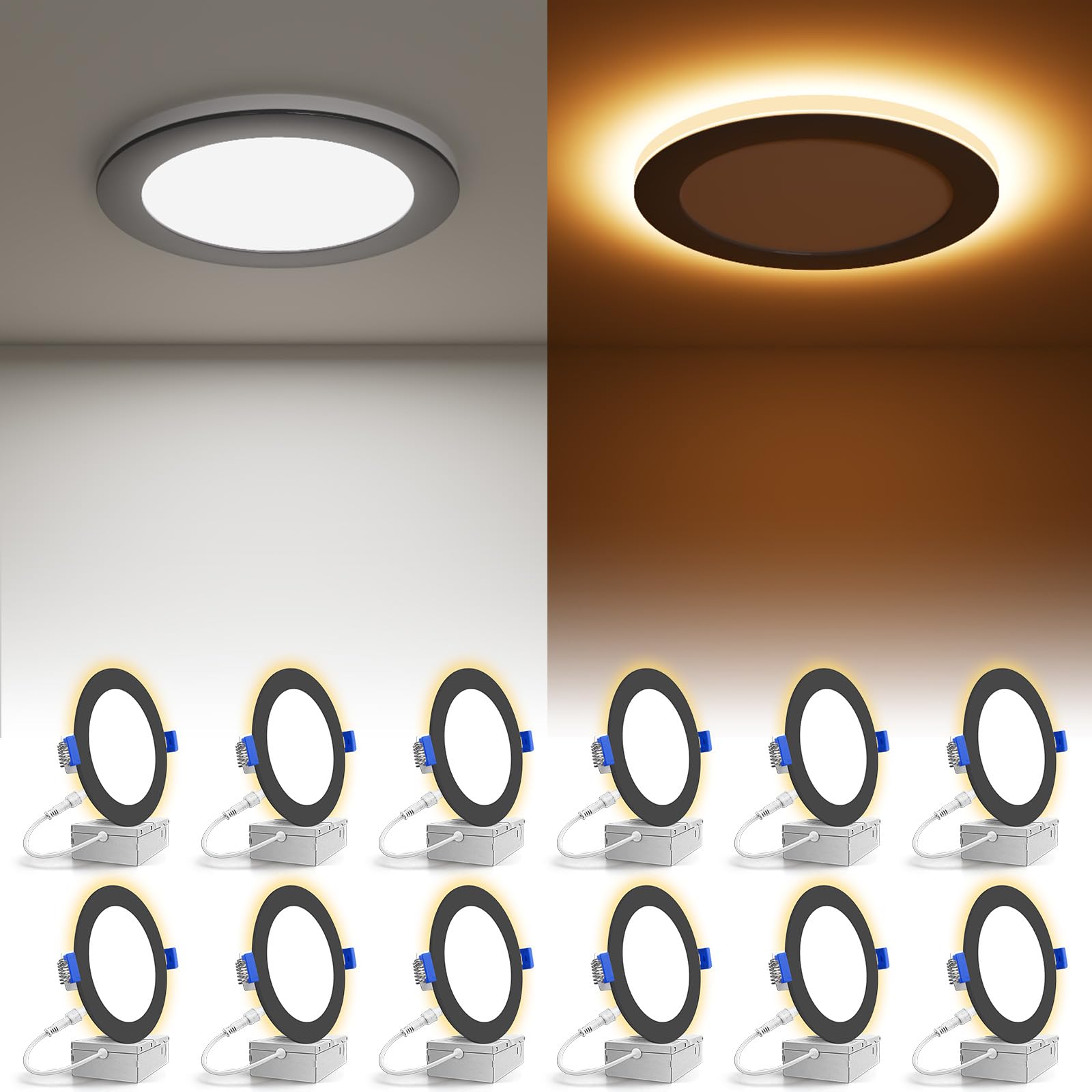 VOLISUN 12 Pack 6 Inch Black Recessed Light with Night Light, Canless LED Recessed Lighting 6 inch, 2700K-5000K Selectable, 12W=