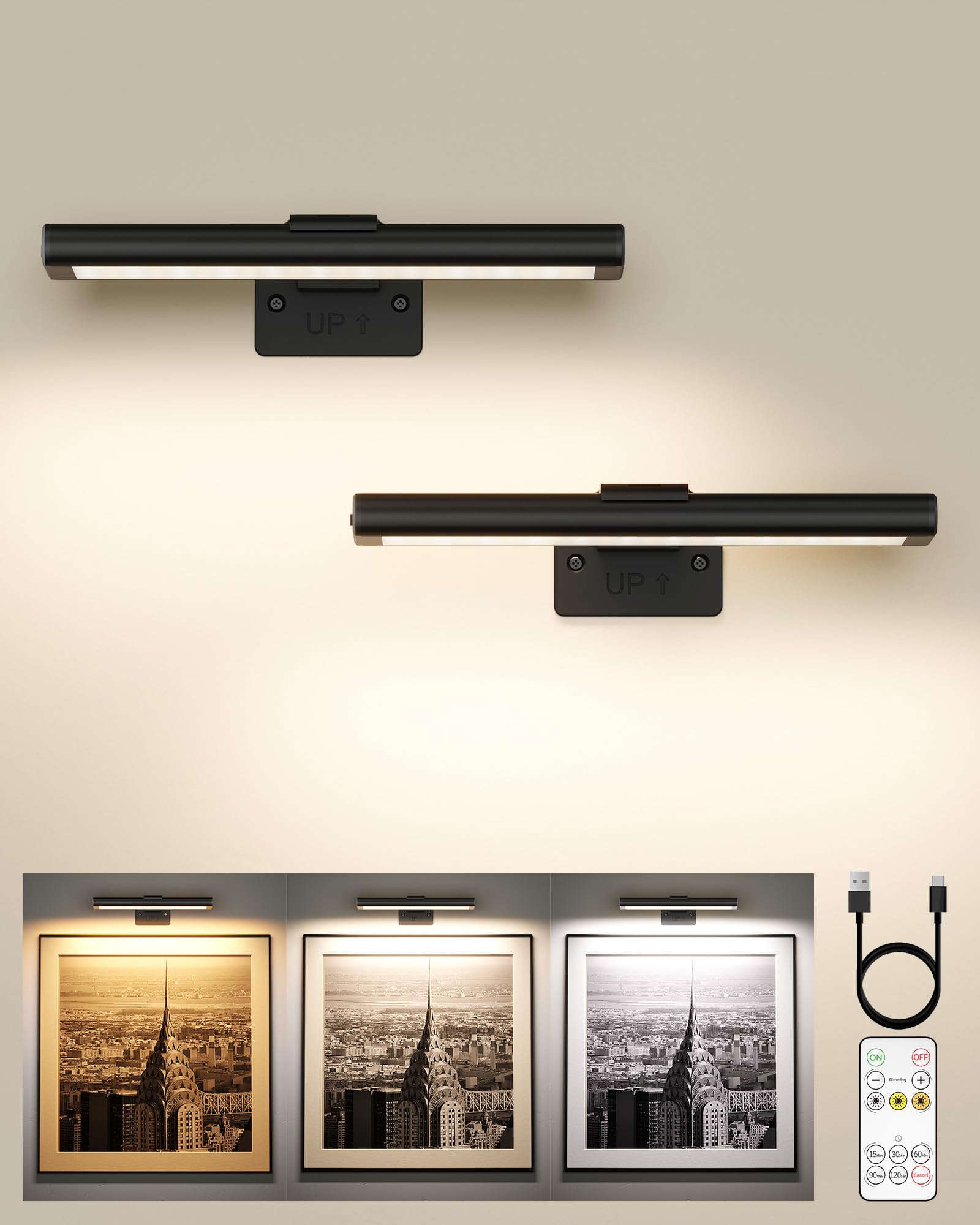 EZVALO Picture Light for Wall, Rechargeable 2400mAh Battery Lights Wireless Remote, 3 Color & Dimmable Magnetic 8 LED Lights D
