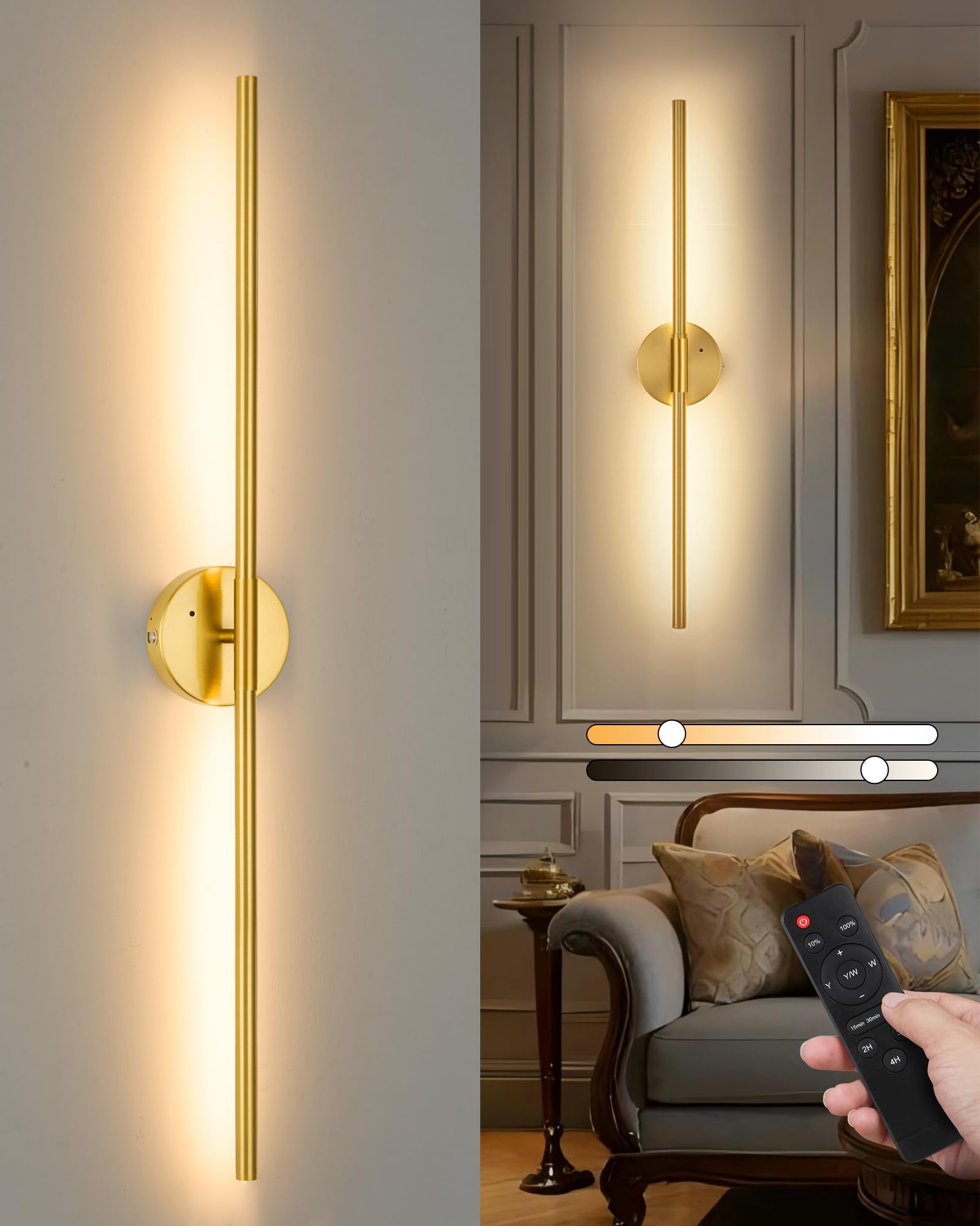 Lumiquesce 24 Inch Battery Operated Wall Sconce - Wireless, Rechargeable, Dimmable, 3000K-6000K, Remote, Touch Control, Timer, 3