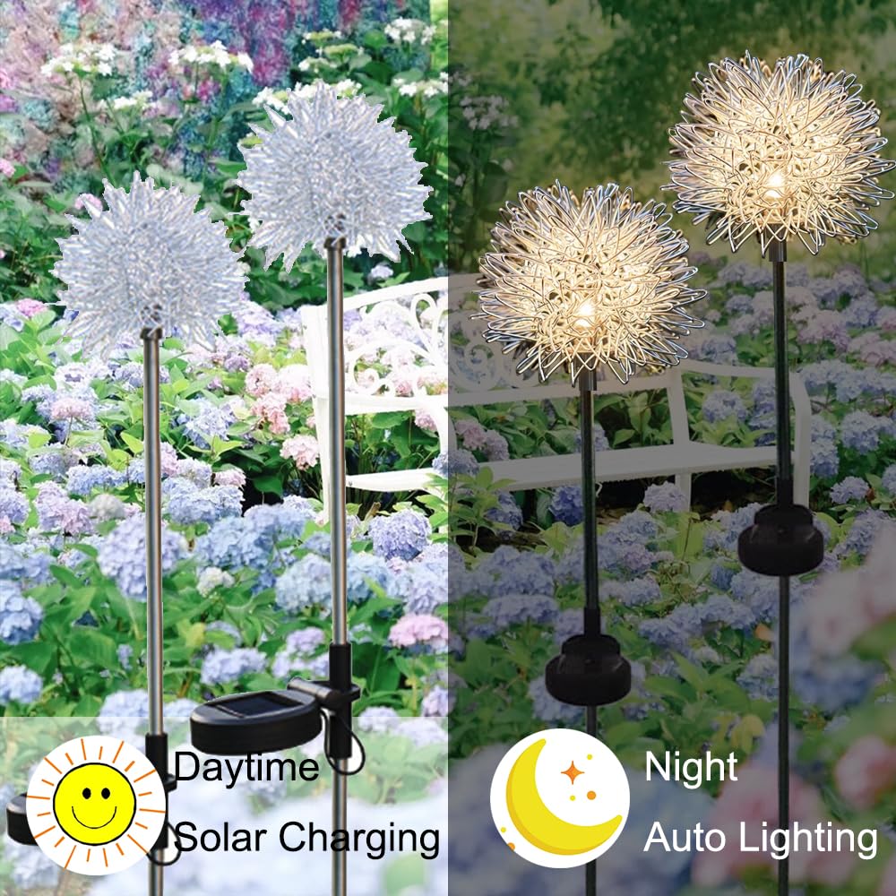 GUOCHENG Solar Garden Lights, Waterproof Metal Dandelion Lights, 4 Pack, Outdoor Patio Yard Pathway Decor, Model GC-Solar
