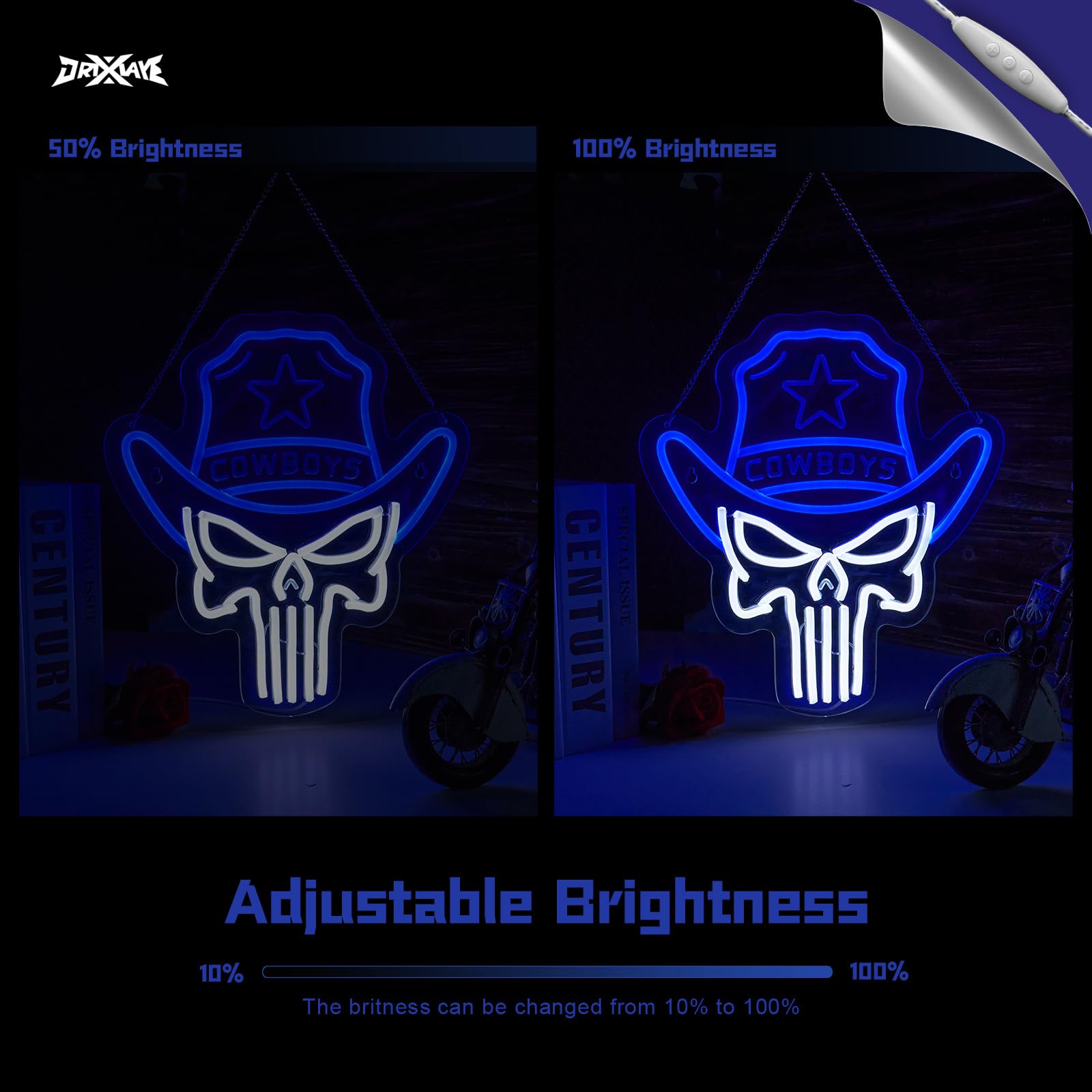 ORIXIAYE Cowboy Neon Sign LED Wall Decor, 13.9inx12.6in, Blue + White Skull, Model ORIXIAYE-A, Polyvinyl Chloride Material
