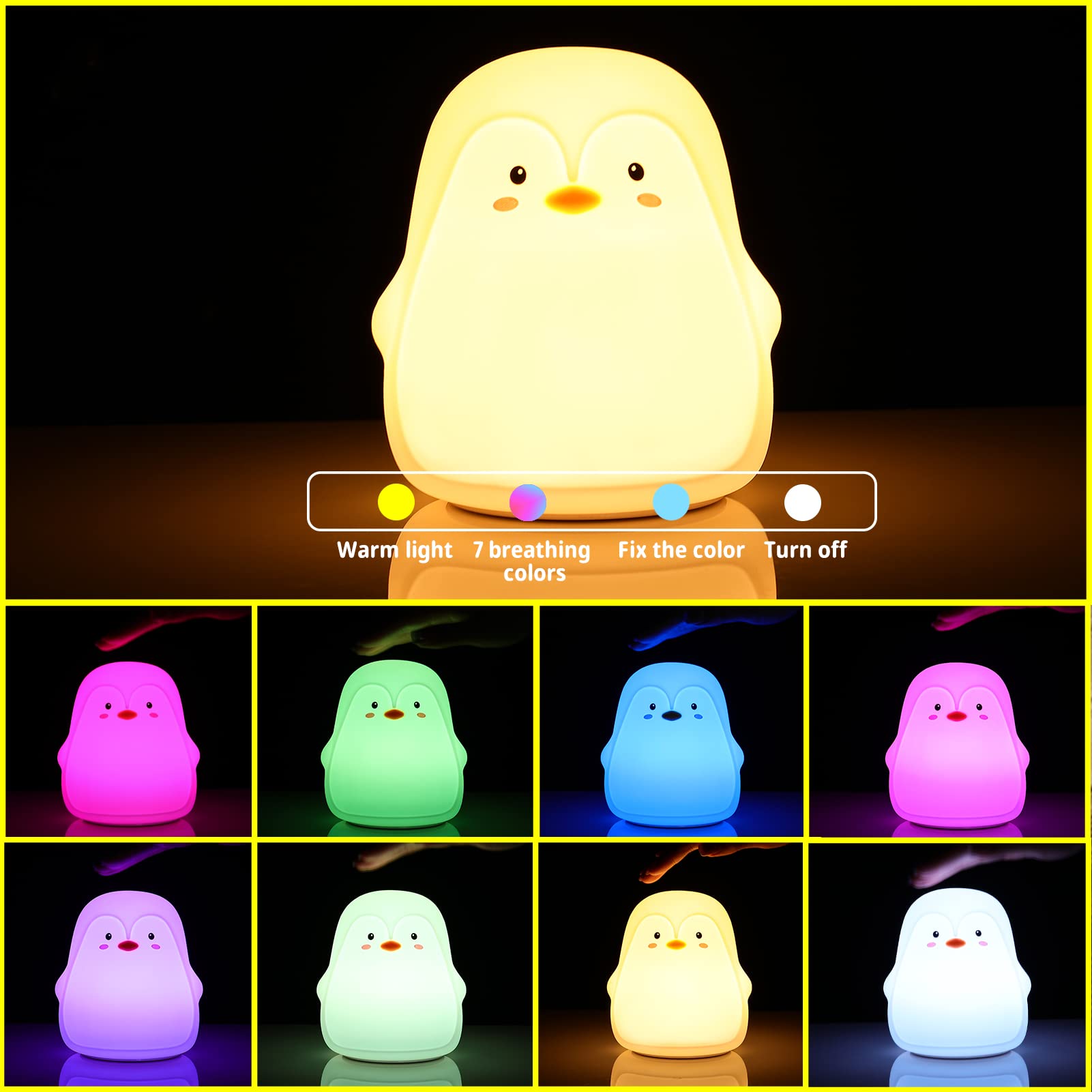 LOVERUIS Penguin Night Light Kid Children, 7 Colour Changing LED Portable Baby Lamp Newborn, USB Rechargeable Silicone Animal Ni